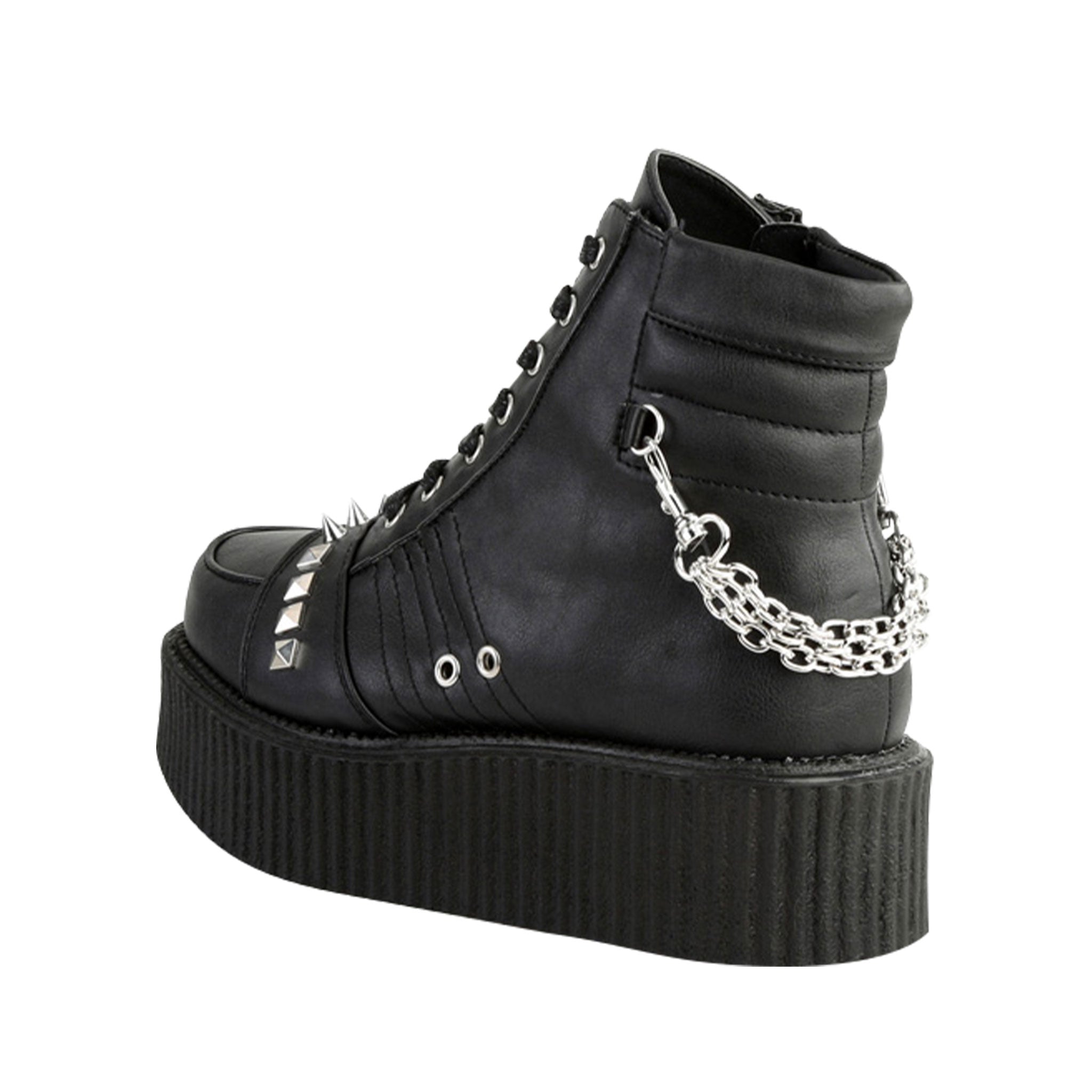 Vegan leather synthetic footwear boot bootie low-rise platform oxford creeper laceup lace-up stud studs studded pyramid spike spikes spiked chain hanging removable detachable inside zip zipper fashion fetish-fashion alt-fashion men men's male masculine black