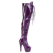 Leather patent-leather synthetic apparel footwear shoes boots mid-thigh thigh-high thigh-hi peep-toe inside-zip zipper laceup lace-up platform-instep platform-boot stiletto-heel shiny glossy high-gloss glittery fetish fashion alt-fashion alternative punk cyber cyberpunk ravewear raver-babe festivalwear costume cosplay drag-queen female femme feminine womens gay LGBTQ pride glitter purple