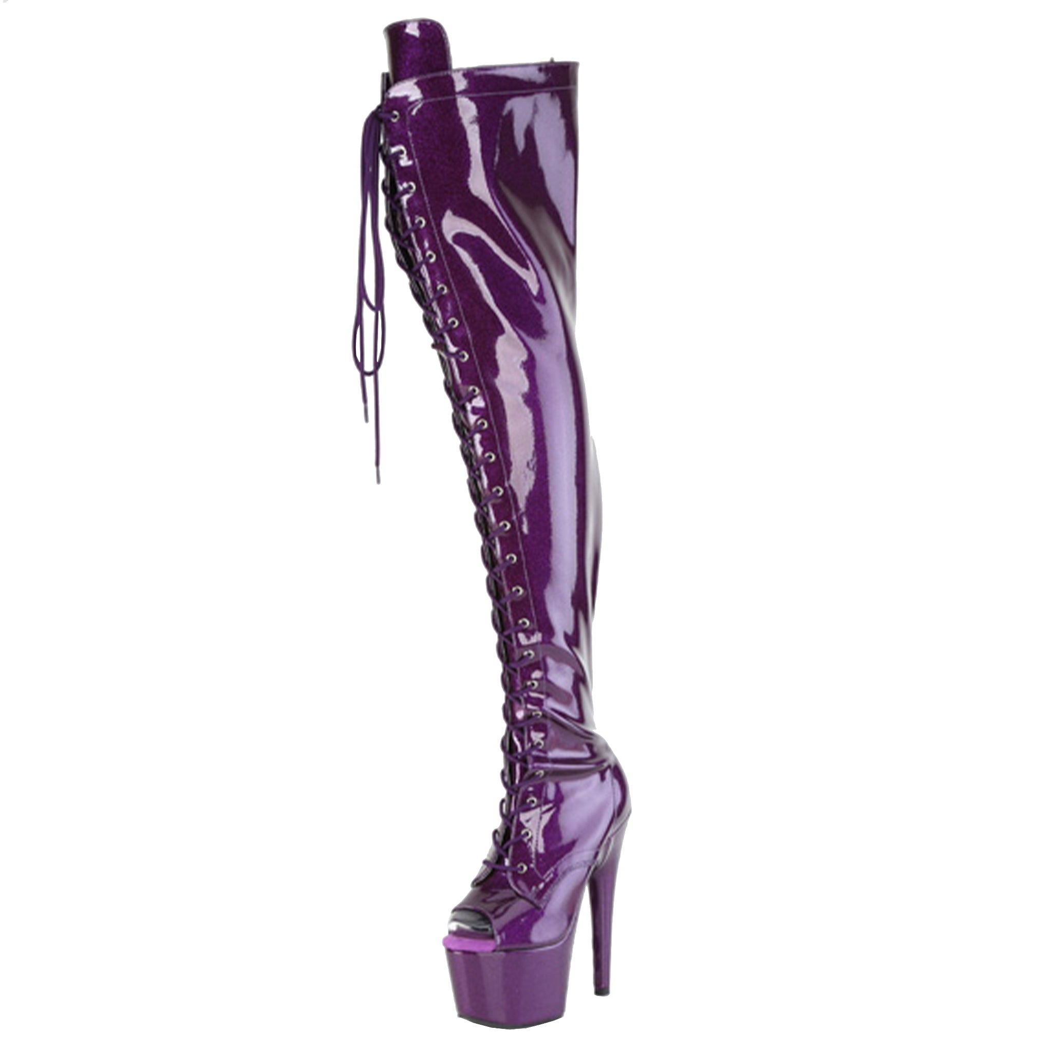 thigh high glitter boots peep toe, lace-up fetish thigh boots, platform stiletto heel glitter patent boots, high shine zip-up thigh highs, open toe drag queen thigh boots, Fetish Factory thigh high statement platform boots