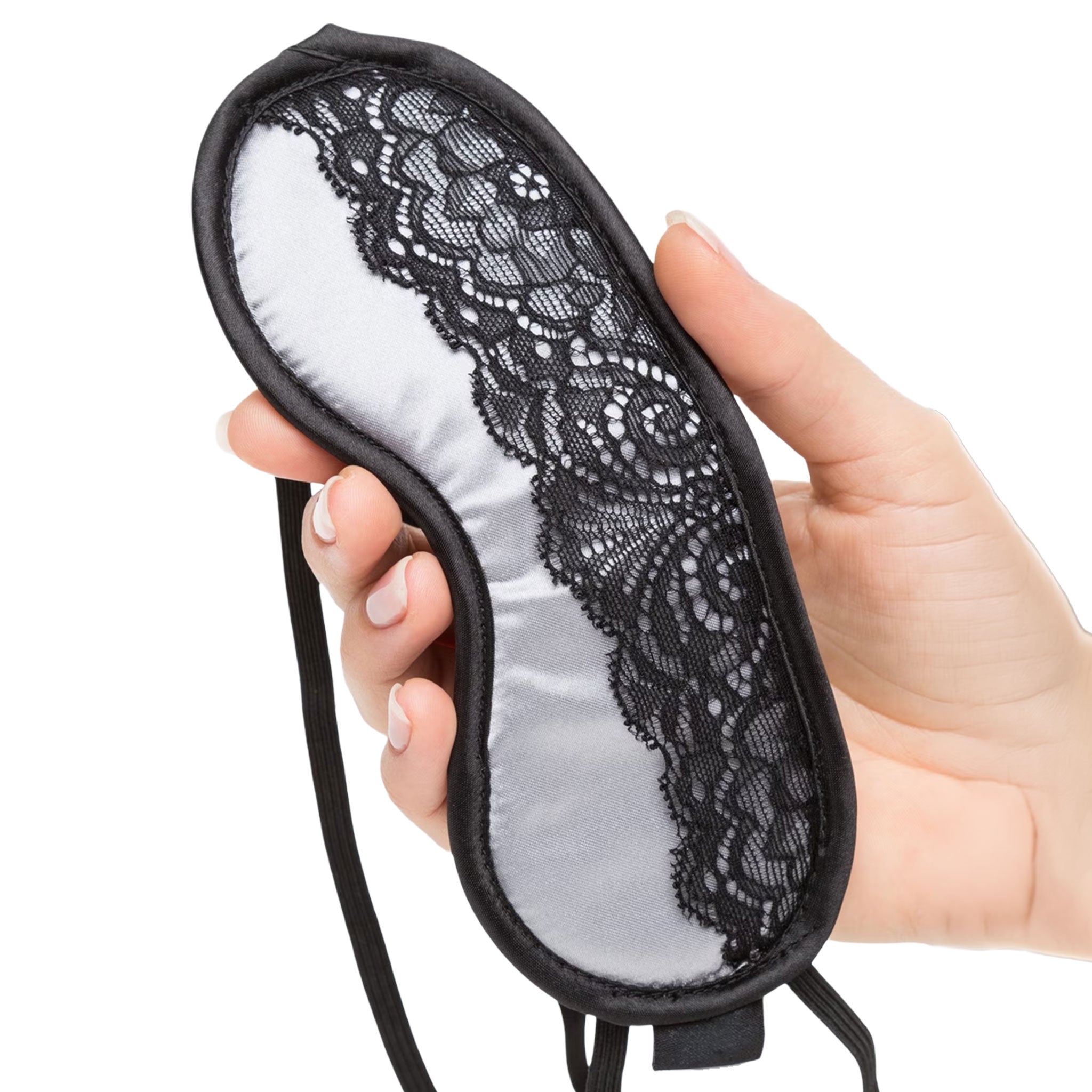 Satin lace-detail accessories headgear blindfold sleep-mask padded stim stimulating stimulation sexy tantalizing teasing adventurous luxurious sex-appeal soft sensual bondage bdsm bdsm-toys kink kinky kinky-play kinky-toys sexy-games sensory sensory-play sensory-deprivation adult-toys gift valentines valentines-gift unisex couples fifty-shades black silver
