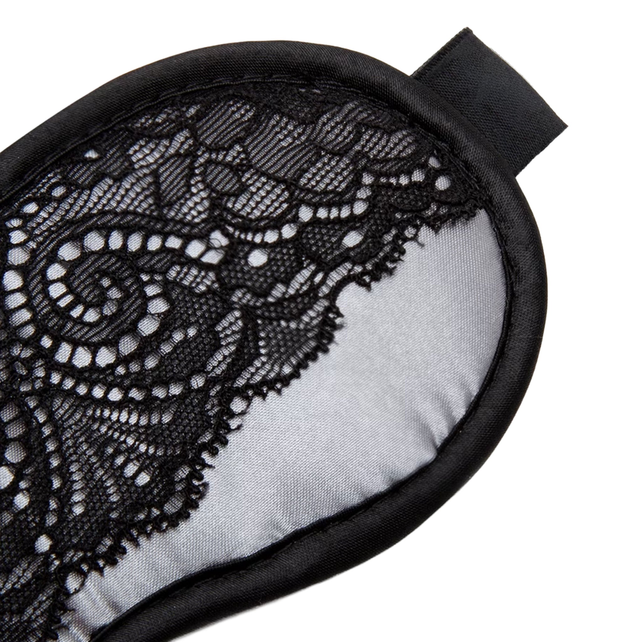 Satin lace-detail accessories headgear blindfold sleep-mask padded stim stimulating stimulation sexy tantalizing teasing adventurous luxurious sex-appeal soft sensual bondage bdsm bdsm-toys kink kinky kinky-play kinky-toys sexy-games sensory sensory-play sensory-deprivation adult-toys gift valentines valentines-gift unisex couples fifty-shades black silver