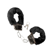 Polyester faux-fur iron zinc-alloy accessories restraints cuffs wrist wrist-cuffs wristcuffs hand-cuffs handcuffs locking lockable keys fuzzy furry fur-coated removable-sheath safety-release bondage bdsm sensory sensory-play sensational adult-toys couples valentines gift holiday black