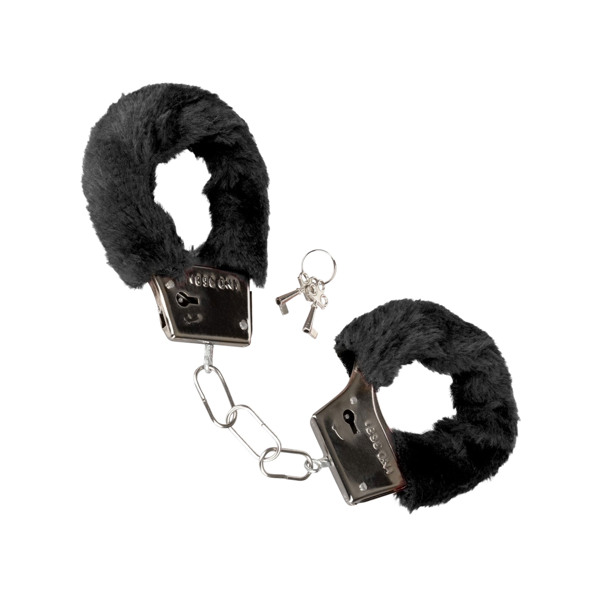 Polyester faux-fur iron zinc-alloy accessories restraints cuffs wrist wrist-cuffs wristcuffs hand-cuffs handcuffs locking lockable keys fuzzy furry fur-coated removable-sheath safety-release bondage bdsm sensory sensory-play sensational adult-toys couples valentines gift holiday black