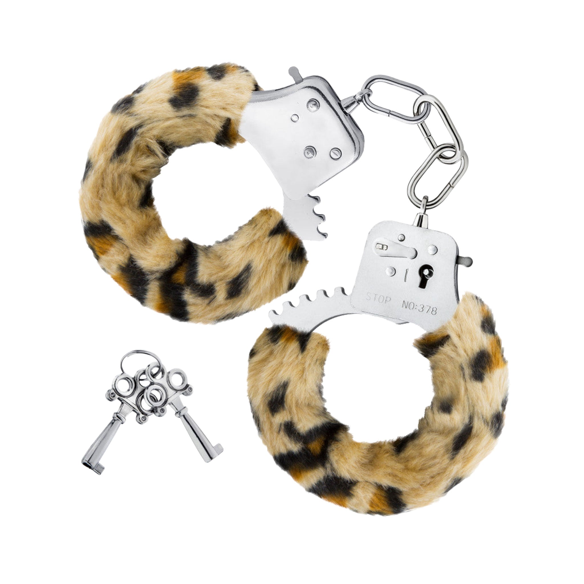Polyester faux-fur iron zinc-alloy accessories restraints cuffs wrist wrist-cuffs wristcuffs hand-cuffs handcuffs locking lockable keys fuzzy furry fur-coated removable-sheath safety-release bondage bdsm sensory sensory-play sensational adult-toys couples valentines gift holiday leopard animal-print pet-play