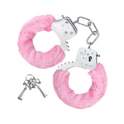 Polyester faux-fur iron zinc-alloy accessories restraints cuffs wrist wrist-cuffs wristcuffs hand-cuffs handcuffs locking lockable keys fuzzy furry fur-coated removable-sheath safety-release bondage bdsm sensory sensory-play sensational adult-toys couples valentines gift holiday pink