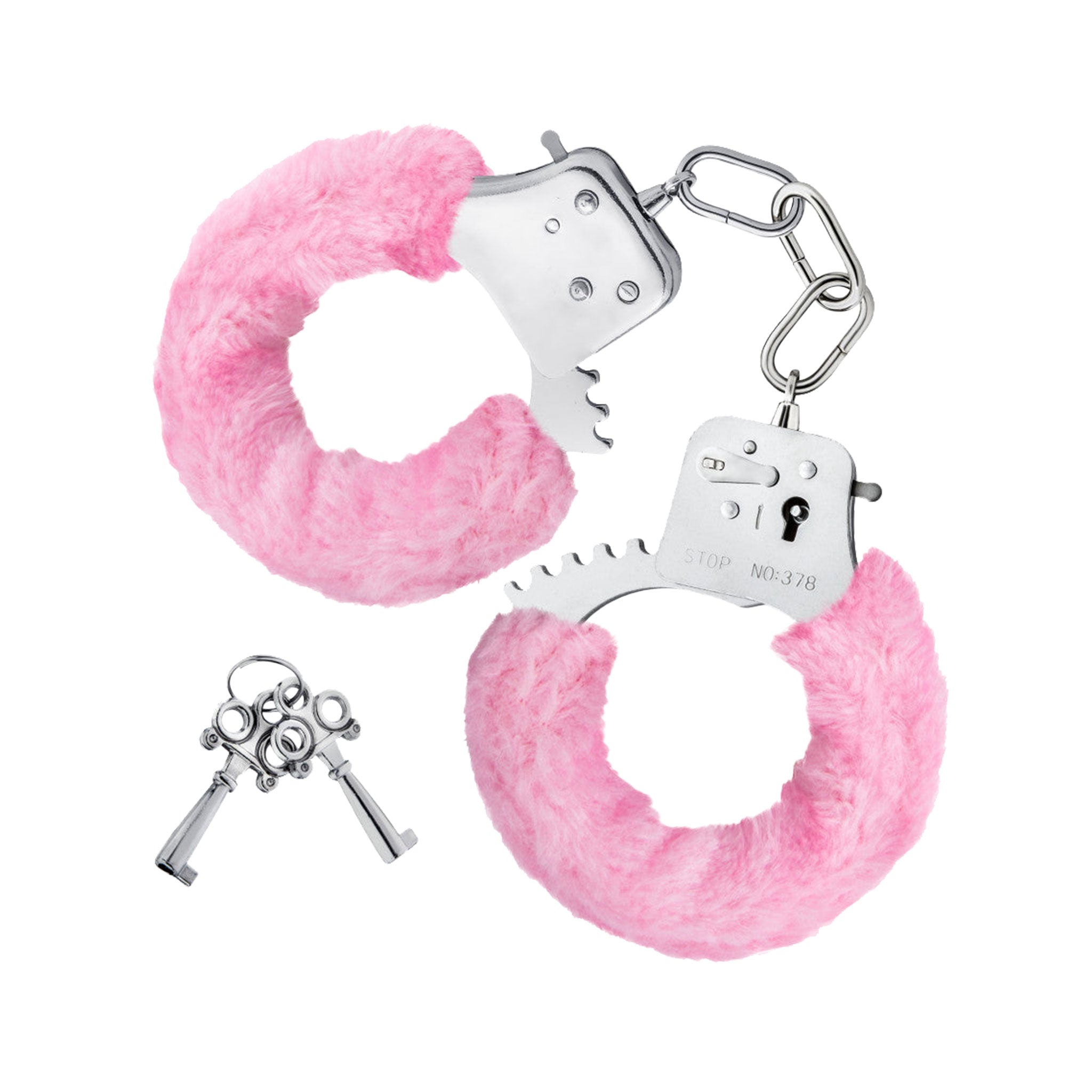 Polyester faux-fur iron zinc-alloy accessories restraints cuffs wrist wrist-cuffs wristcuffs hand-cuffs handcuffs locking lockable keys fuzzy furry fur-coated removable-sheath safety-release bondage bdsm sensory sensory-play sensational adult-toys couples valentines gift holiday pink