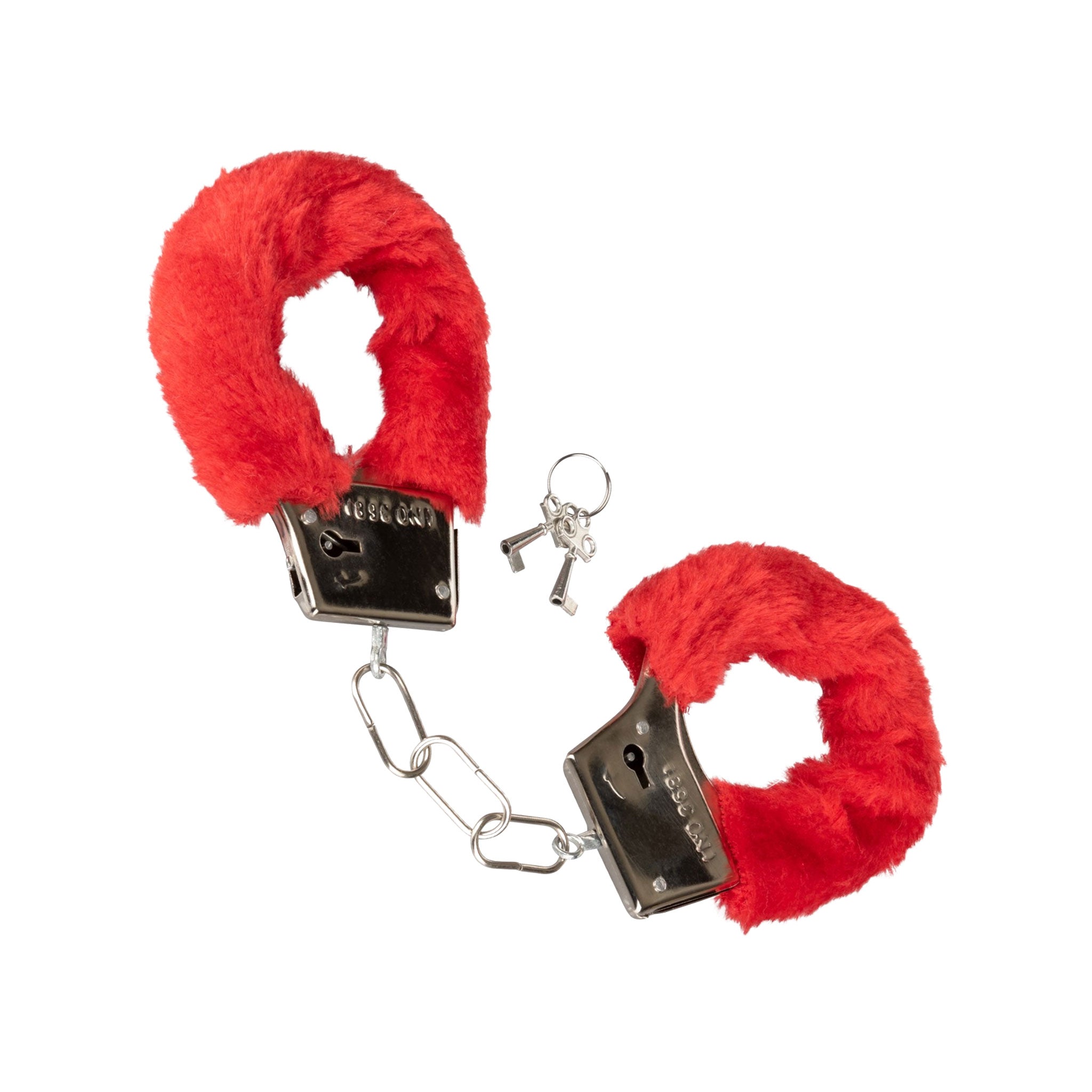 Polyester faux-fur iron zinc-alloy accessories restraints cuffs wrist wrist-cuffs wristcuffs hand-cuffs handcuffs locking lockable keys fuzzy furry fur-coated removable-sheath safety-release bondage bdsm sensory sensory-play sensational adult-toys couples valentines gift holiday red