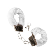 Polyester faux-fur iron zinc-alloy accessories restraints cuffs wrist wrist-cuffs wristcuffs hand-cuffs handcuffs locking lockable keys fuzzy furry fur-coated removable-sheath safety-release bondage bdsm sensory sensory-play sensational adult-toys couples valentines gift holiday white