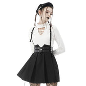 Polyester T400 apparel skirt high-waist waisted pleated pleated-skirt pleaded pleaded-skirt suspenders suspenders-skirt A-line lace-up laceup laceup-sides box-pleats inverted adjustable straps shoulder-straps adjustable-suspenders confidence comfort comfortable fashion alt-fahsion goth gothic gothic-doll nu-goth costume cosplay schoolgirl school-girl back-to-school female femme feminine womens black