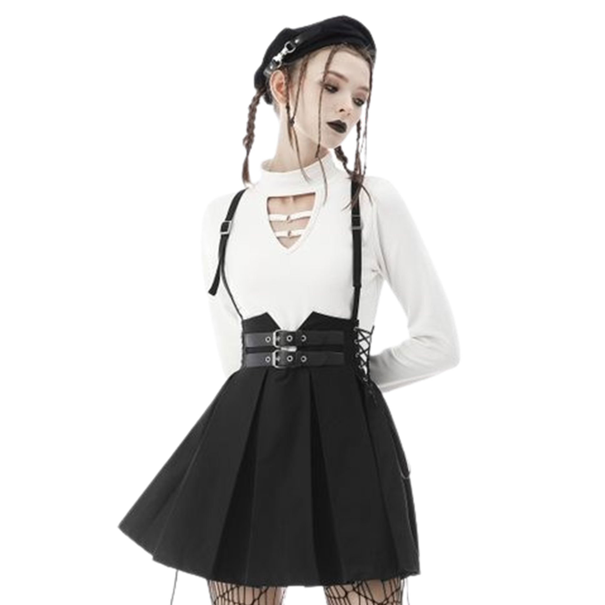 Polyester T400 apparel skirt high-waist waisted pleated pleated-skirt pleaded pleaded-skirt suspenders suspenders-skirt A-line lace-up laceup laceup-sides box-pleats inverted adjustable straps shoulder-straps adjustable-suspenders confidence comfort comfortable fashion alt-fahsion goth gothic gothic-doll nu-goth costume cosplay schoolgirl school-girl back-to-school female femme feminine womens black