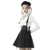 Polyester T400 apparel skirt high-waist waisted pleated pleated-skirt pleaded pleaded-skirt suspenders suspenders-skirt A-line lace-up laceup laceup-sides box-pleats inverted adjustable straps shoulder-straps adjustable-suspenders confidence comfort comfortable fashion alt-fahsion goth gothic gothic-doll nu-goth costume cosplay schoolgirl school-girl back-to-school female femme feminine womens black