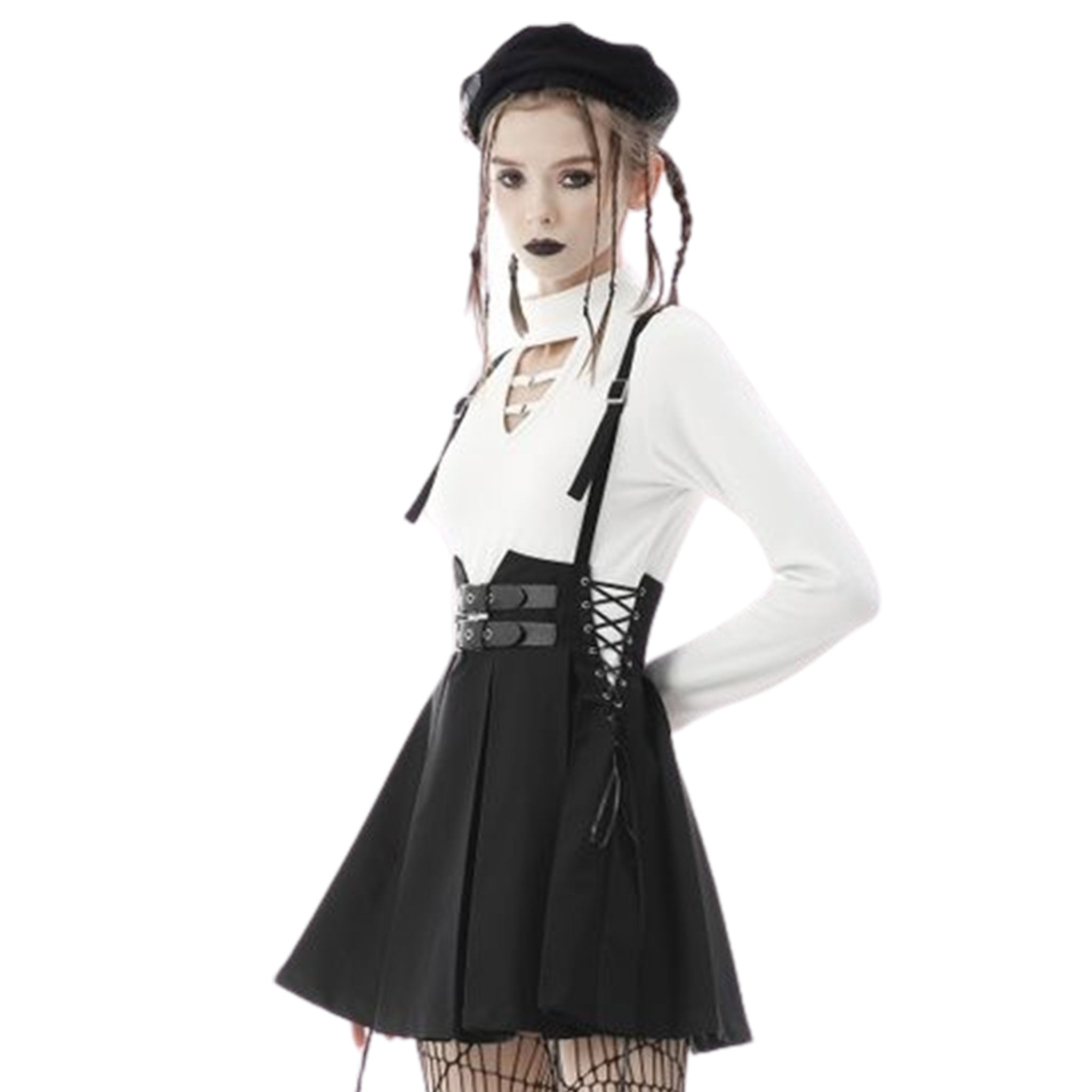 Polyester T400 apparel skirt high-waist waisted pleated pleated-skirt pleaded pleaded-skirt suspenders suspenders-skirt A-line lace-up laceup laceup-sides box-pleats inverted adjustable straps shoulder-straps adjustable-suspenders confidence comfort comfortable fashion alt-fahsion goth gothic gothic-doll nu-goth costume cosplay schoolgirl school-girl back-to-school female femme feminine womens black