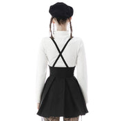 Polyester T400 apparel skirt high-waist waisted pleated pleated-skirt pleaded pleaded-skirt suspenders suspenders-skirt A-line lace-up laceup laceup-sides box-pleats inverted adjustable straps shoulder-straps adjustable-suspenders confidence comfort comfortable fashion alt-fahsion goth gothic gothic-doll nu-goth costume cosplay schoolgirl school-girl back-to-school female femme feminine womens black
