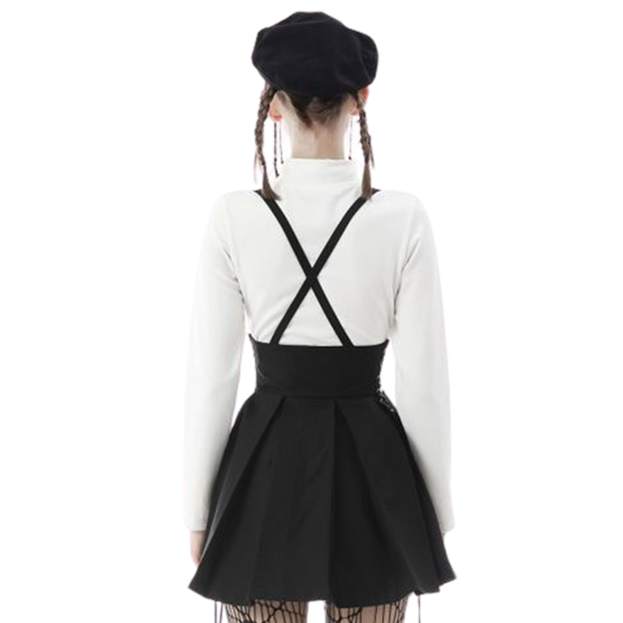 Polyester T400 apparel skirt high-waist waisted pleated pleated-skirt pleaded pleaded-skirt suspenders suspenders-skirt A-line lace-up laceup laceup-sides box-pleats inverted adjustable straps shoulder-straps adjustable-suspenders confidence comfort comfortable fashion alt-fahsion goth gothic gothic-doll nu-goth costume cosplay schoolgirl school-girl back-to-school female femme feminine womens black