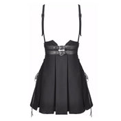 Polyester T400 apparel skirt high-waist waisted pleated pleated-skirt pleaded pleaded-skirt suspenders suspenders-skirt A-line lace-up laceup laceup-sides box-pleats inverted adjustable straps shoulder-straps adjustable-suspenders confidence comfort comfortable fashion alt-fahsion goth gothic gothic-doll nu-goth costume cosplay schoolgirl school-girl back-to-school female femme feminine womens black