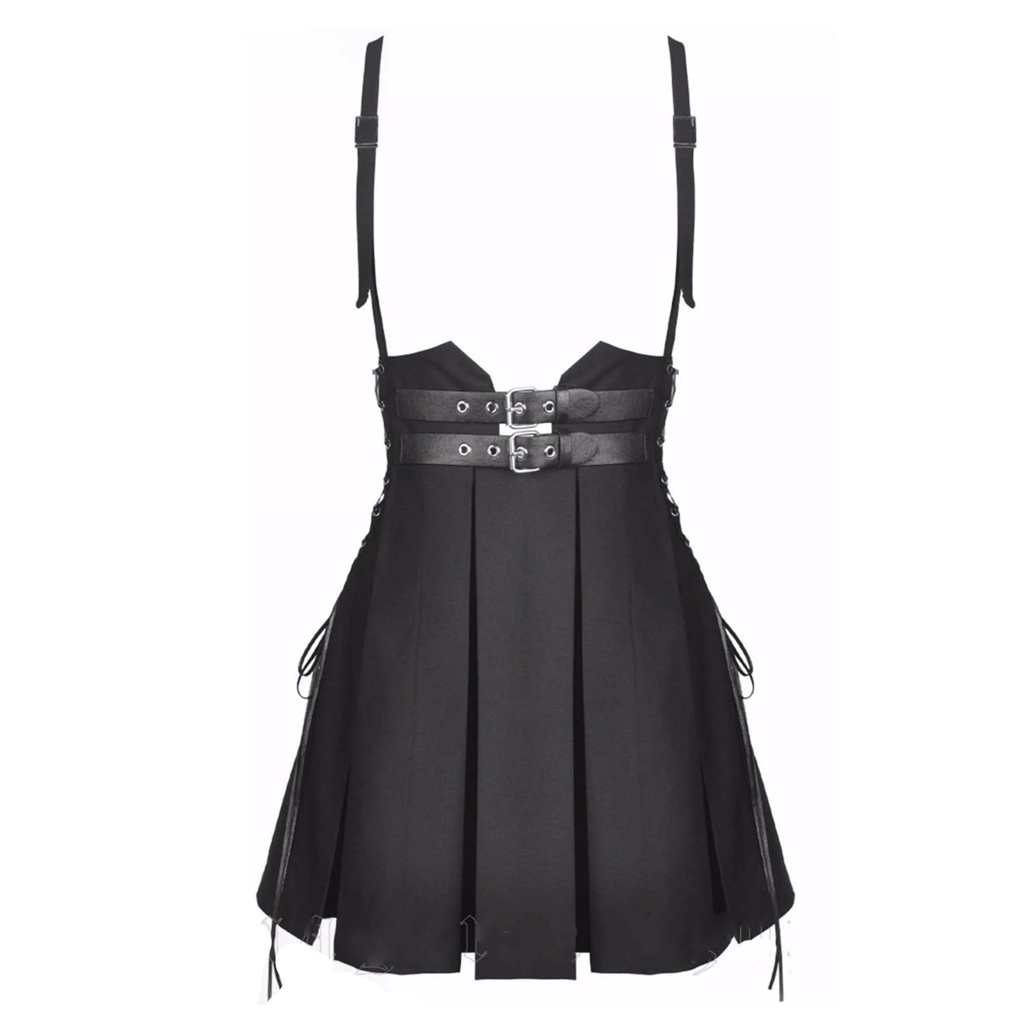 Polyester T400 apparel skirt high-waist waisted pleated pleated-skirt pleaded pleaded-skirt suspenders suspenders-skirt A-line lace-up laceup laceup-sides box-pleats inverted adjustable straps shoulder-straps adjustable-suspenders confidence comfort comfortable fashion alt-fahsion goth gothic gothic-doll nu-goth costume cosplay schoolgirl school-girl back-to-school female femme feminine womens black