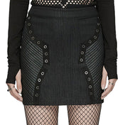 Viscose polyester elastane PU rubberized leather-patchwork apparel bottoms skirt miniskirt mini-skirt textured-panels hidden-zip back-zip concealed-zip zipper eyelets decorative-eyelets back-pockets dynamic rugged flexible comfortable stretchy durable edgy close-fit slim-fit fetish fashion alt-fashion goth gothic punk cyber cyberpunk cybergoth female femme feminine womens black