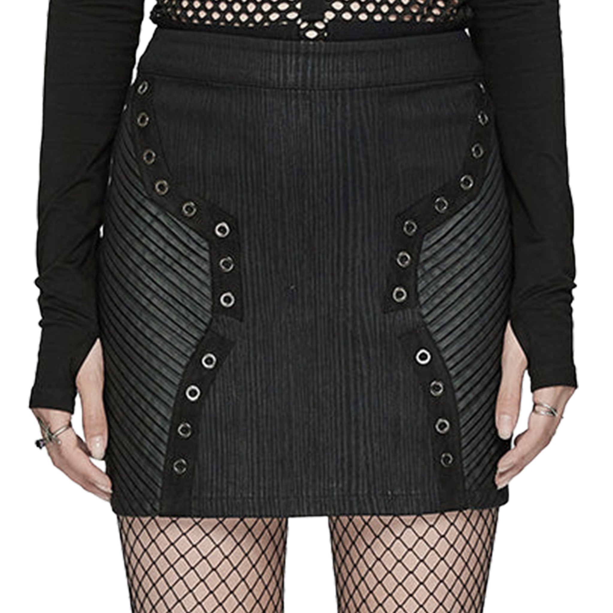 Viscose polyester elastane PU rubberized leather-patchwork apparel bottoms skirt miniskirt mini-skirt textured-panels hidden-zip back-zip concealed-zip zipper eyelets decorative-eyelets back-pockets dynamic rugged flexible comfortable stretchy durable edgy close-fit slim-fit fetish fashion alt-fashion goth gothic punk cyber cyberpunk cybergoth female femme feminine womens black