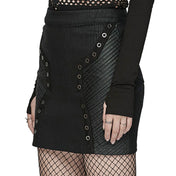 Viscose polyester elastane PU rubberized leather-patchwork apparel bottoms skirt miniskirt mini-skirt textured-panels hidden-zip back-zip concealed-zip zipper eyelets decorative-eyelets back-pockets dynamic rugged flexible comfortable stretchy durable edgy close-fit slim-fit fetish fashion alt-fashion goth gothic punk cyber cyberpunk cybergoth female femme feminine womens black