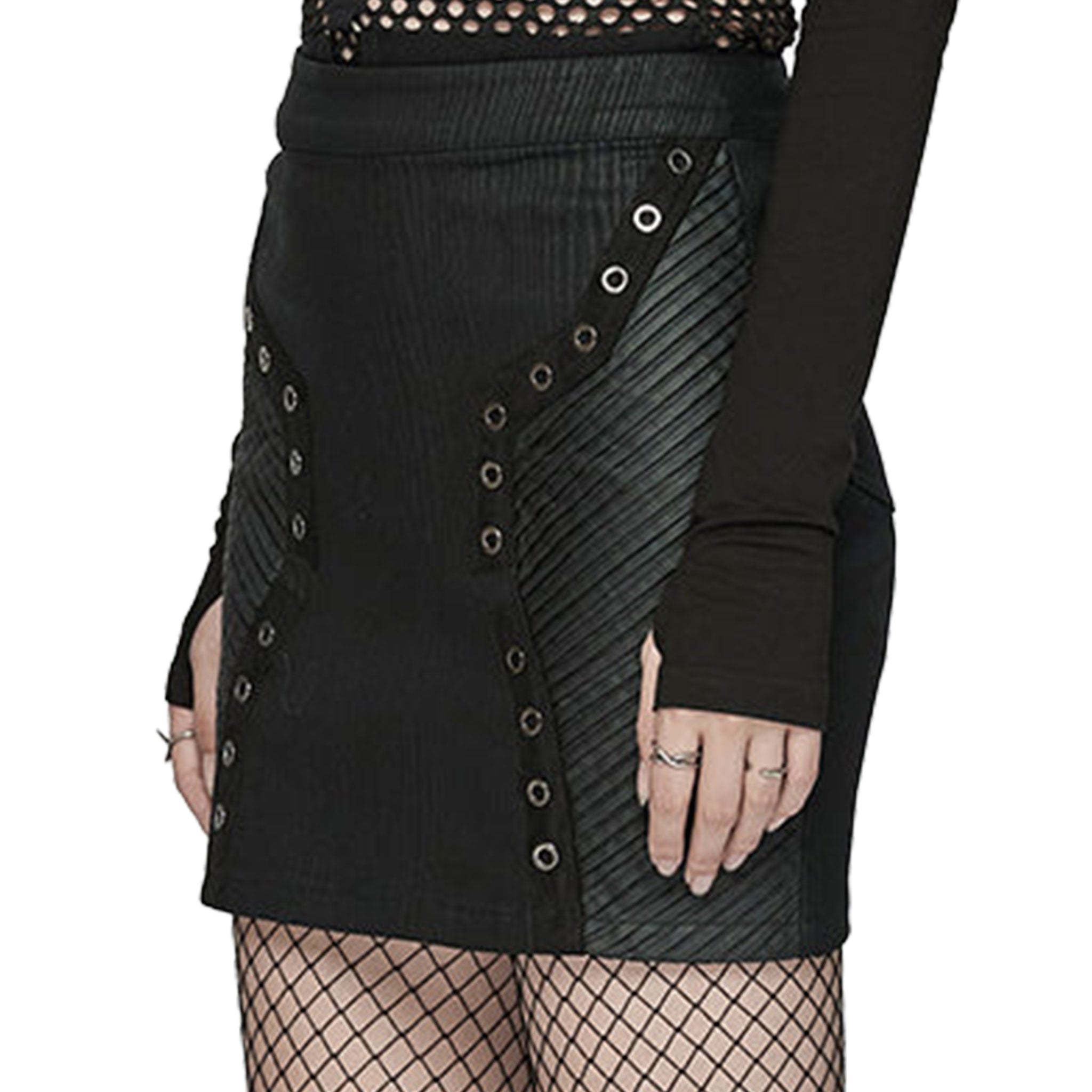 Viscose polyester elastane PU rubberized leather-patchwork apparel bottoms skirt miniskirt mini-skirt textured-panels hidden-zip back-zip concealed-zip zipper eyelets decorative-eyelets back-pockets dynamic rugged flexible comfortable stretchy durable edgy close-fit slim-fit fetish fashion alt-fashion goth gothic punk cyber cyberpunk cybergoth female femme feminine womens black