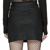 Viscose polyester elastane PU rubberized leather-patchwork apparel bottoms skirt miniskirt mini-skirt textured-panels hidden-zip back-zip concealed-zip zipper eyelets decorative-eyelets back-pockets dynamic rugged flexible comfortable stretchy durable edgy close-fit slim-fit fetish fashion alt-fashion goth gothic punk cyber cyberpunk cybergoth female femme feminine womens black