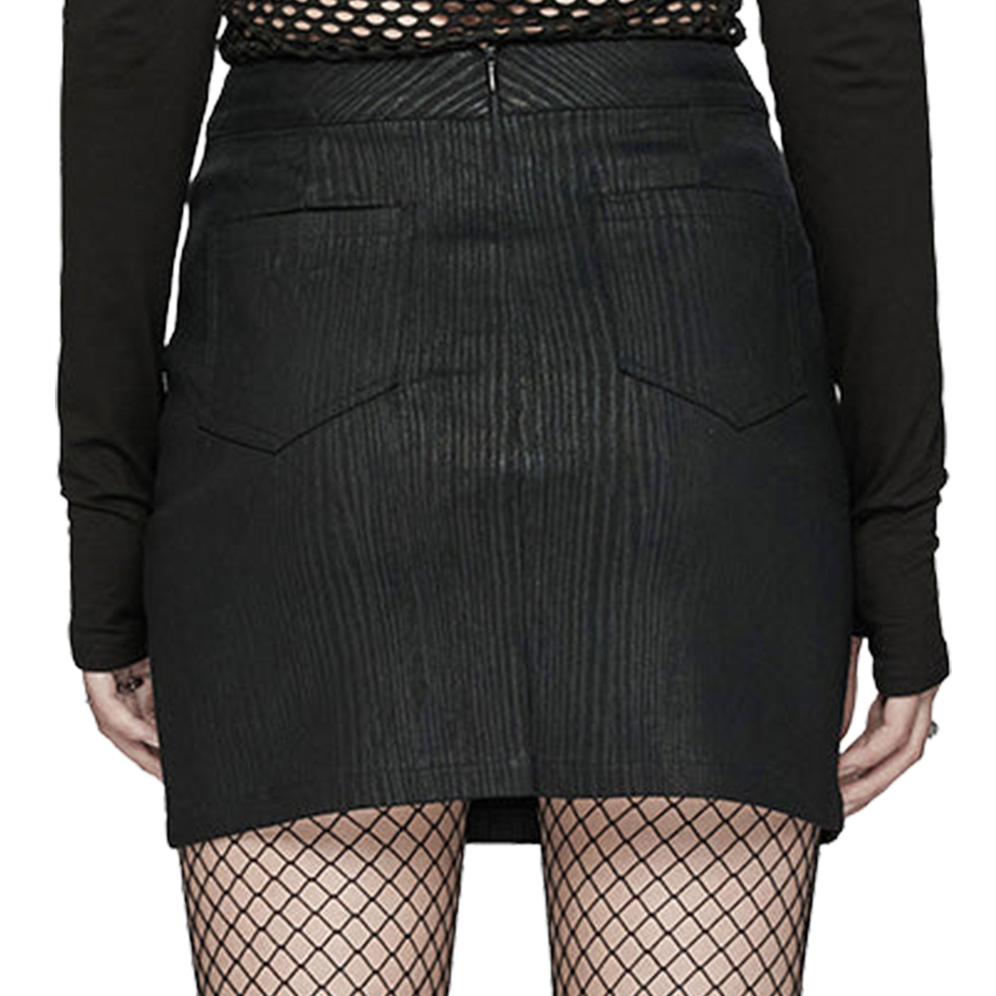 Viscose polyester elastane PU rubberized leather-patchwork apparel bottoms skirt miniskirt mini-skirt textured-panels hidden-zip back-zip concealed-zip zipper eyelets decorative-eyelets back-pockets dynamic rugged flexible comfortable stretchy durable edgy close-fit slim-fit fetish fashion alt-fashion goth gothic punk cyber cyberpunk cybergoth female femme feminine womens black