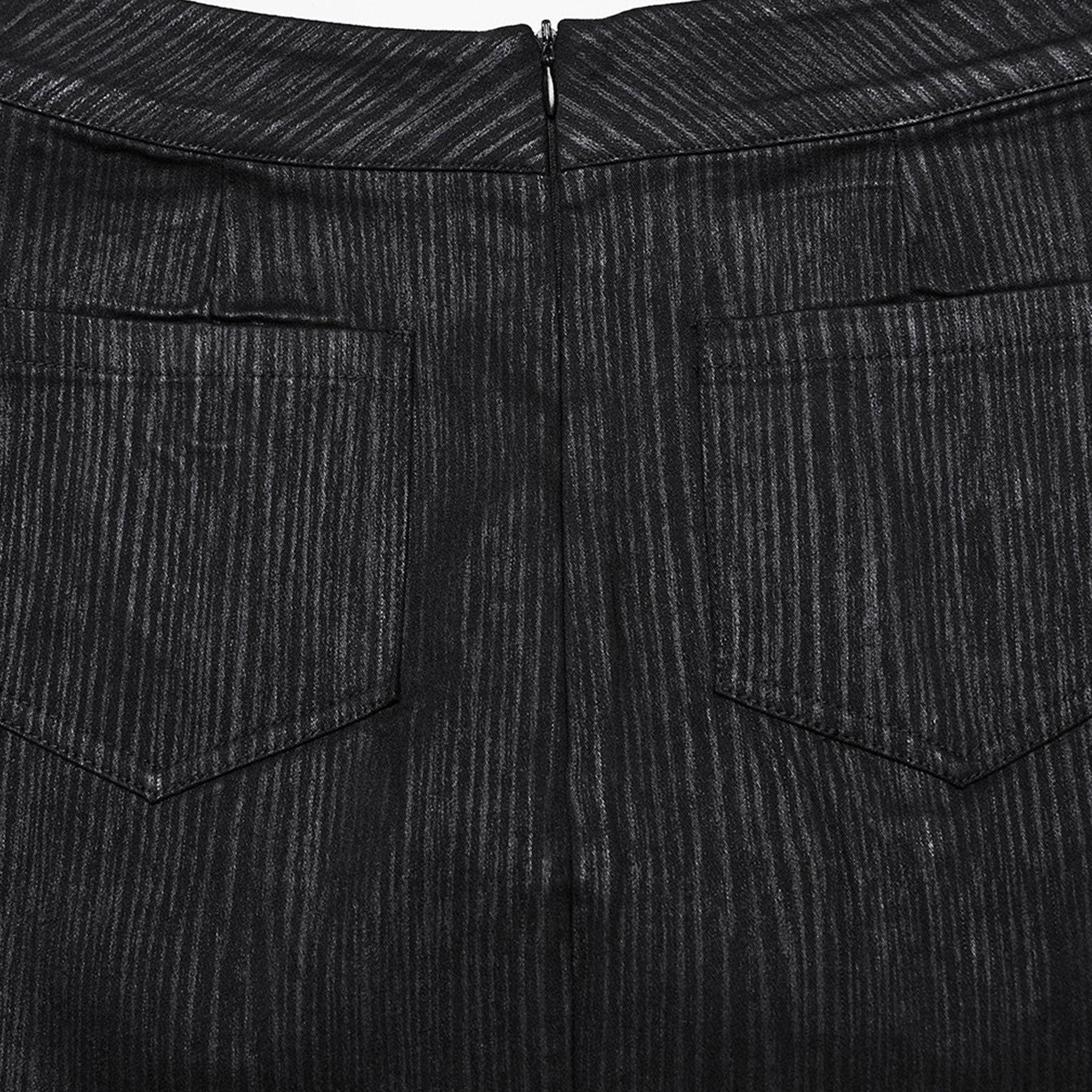 Viscose polyester elastane PU rubberized leather-patchwork apparel bottoms skirt miniskirt mini-skirt textured-panels hidden-zip back-zip concealed-zip zipper eyelets decorative-eyelets back-pockets dynamic rugged flexible comfortable stretchy durable edgy close-fit slim-fit fetish fashion alt-fashion goth gothic punk cyber cyberpunk cybergoth female femme feminine womens black