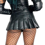 Leather vegan-leather PU-leather polyester apparel bottoms skirt miniskirt micro-mini mini-skirt low-rise O-ring pleated pleaded shiny glossy matte-glossy fetish fashion alt-fashion alternative punk rock goth gothic goth-doll eyekndy bondage bondage-theme bdsm bdsm-fashion kink kinky kinkwear exhibitionism show-off costume cosplay halloween female femme feminine womens black