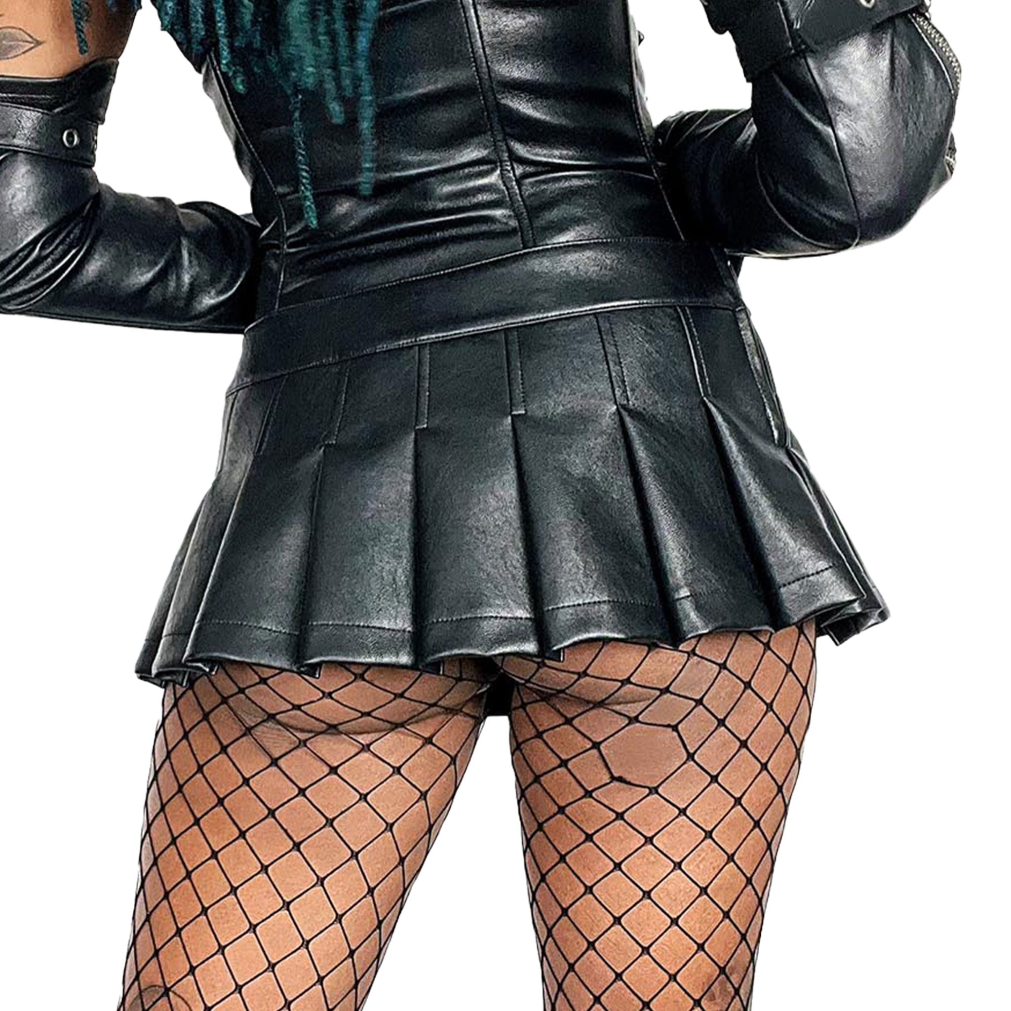 Leather vegan-leather PU-leather polyester apparel bottoms skirt miniskirt micro-mini mini-skirt low-rise O-ring pleated pleaded shiny glossy matte-glossy fetish fashion alt-fashion alternative punk rock goth gothic goth-doll eyekndy bondage bondage-theme bdsm bdsm-fashion kink kinky kinkwear exhibitionism show-off costume cosplay halloween female femme feminine womens black
