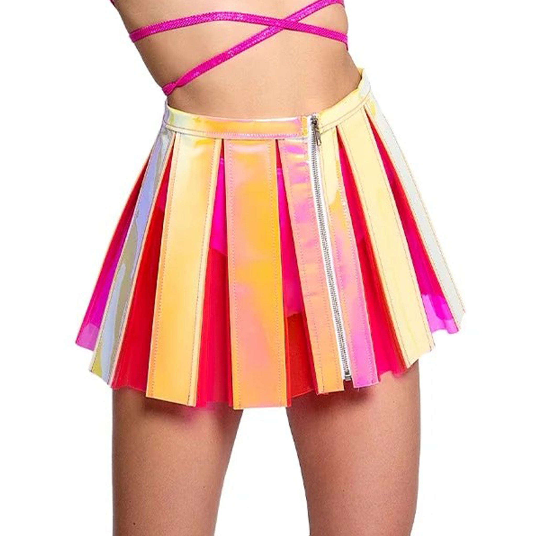 PVC vinyl transparent seethru see-through see-thru apparel bottoms skirts mini-skirt miniskirt pleated zipper front-zip full-zip super-cute fashion alt-fashion rave ravewear raver-babe costume cosplay halloween female femme feminine womens pink-lemonade hot-pink iridescent