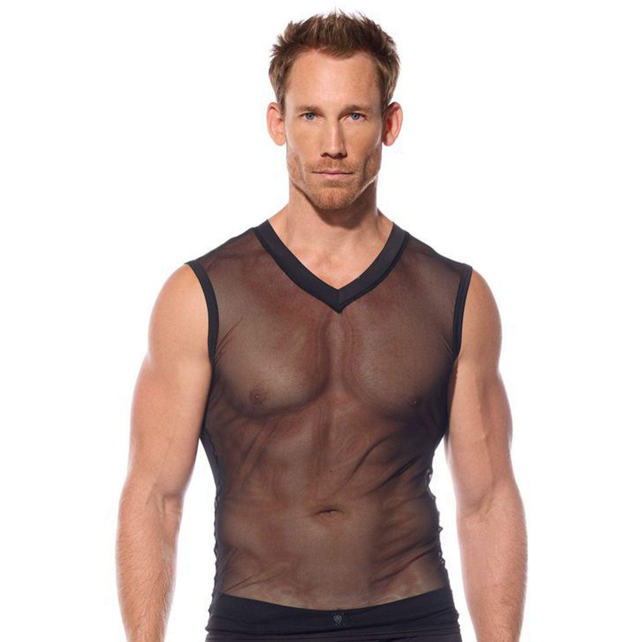 Mesh top shirt sleeveless vest v-neck clubwear club-wear club ravewear rave-wear rave wear fashion fetish-fashion alt-fashion men men's male masculine dude dudes black