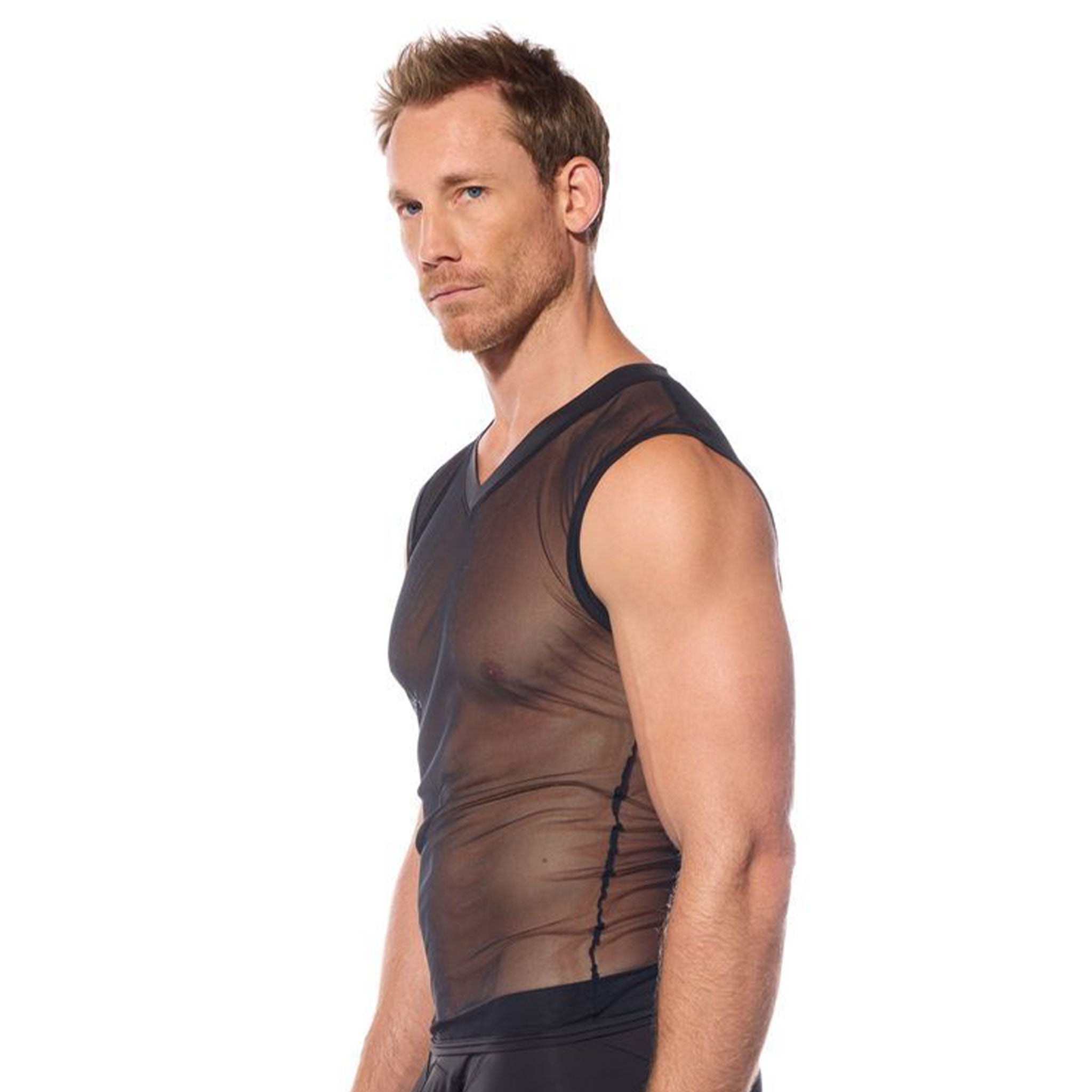 Mesh top shirt sleeveless vest v-neck clubwear club-wear club ravewear rave-wear rave wear fashion fetish-fashion alt-fashion men men's male masculine dude dudes black