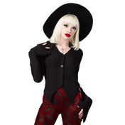 Viscose apparel top blouse long-sleeve longsleeve sleeves sleeved collared big-lapels handkerchief-hem pointed-hem loose-cuffs cuffed button-up button-down lightweight comfortable versatile fashion alt-fashion alternative goth gothic gothic-doll corporate-goth witchy female femme feminine womens black