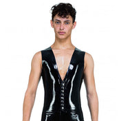 Latex rubber top outerwear vest waistcoat tailored-fit pointy-tips snap-button press-studs press-button shiny glossy trendy fetish fashion alt-fashion fancy bdsm-fashion amazing male masculine masc mens menswear guys dudes black