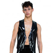 Latex rubber top outerwear vest waistcoat tailored-fit pointy-tips snap-button press-studs press-button shiny glossy trendy fetish fashion alt-fashion fancy bdsm-fashion amazing male masculine masc mens menswear guys dudes black