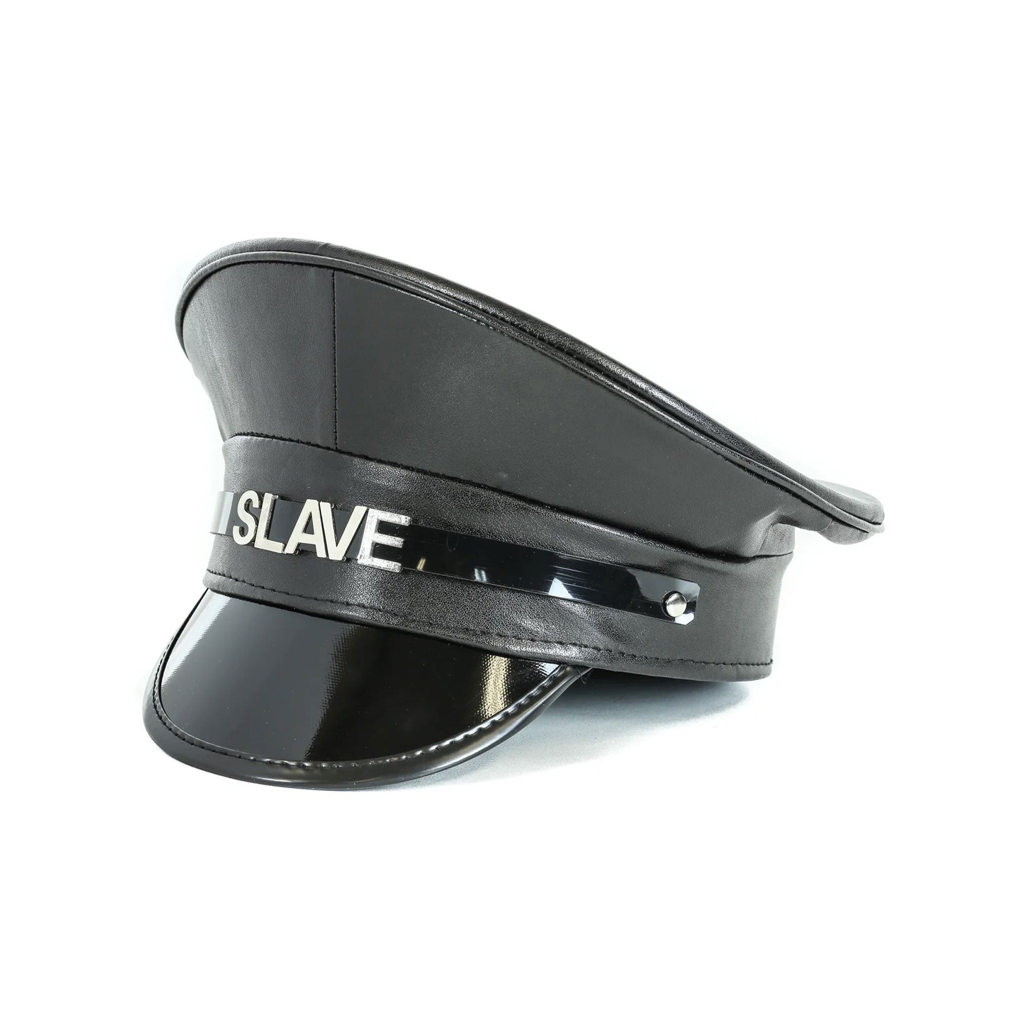 police hat with words fetish patent leather costume hat glossy black metallic accents bold phrases kinky roleplay accessory