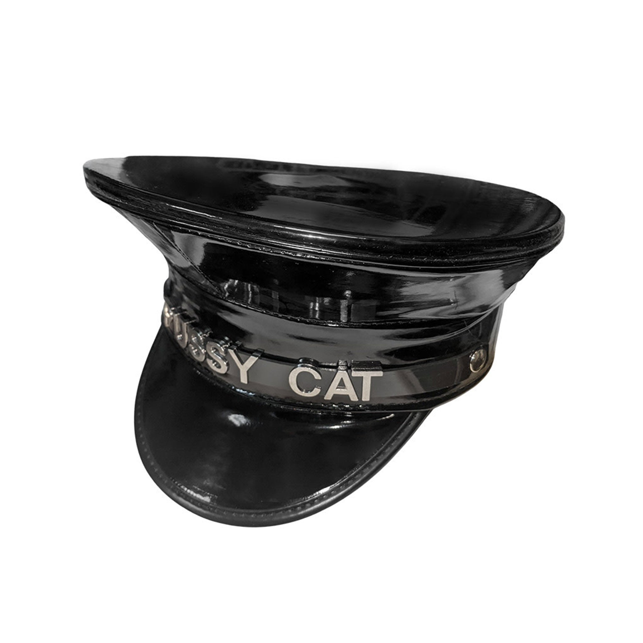 PU leather matte glossy hat cap headgear police military statement words costume cosplay accessory black pussy-cat