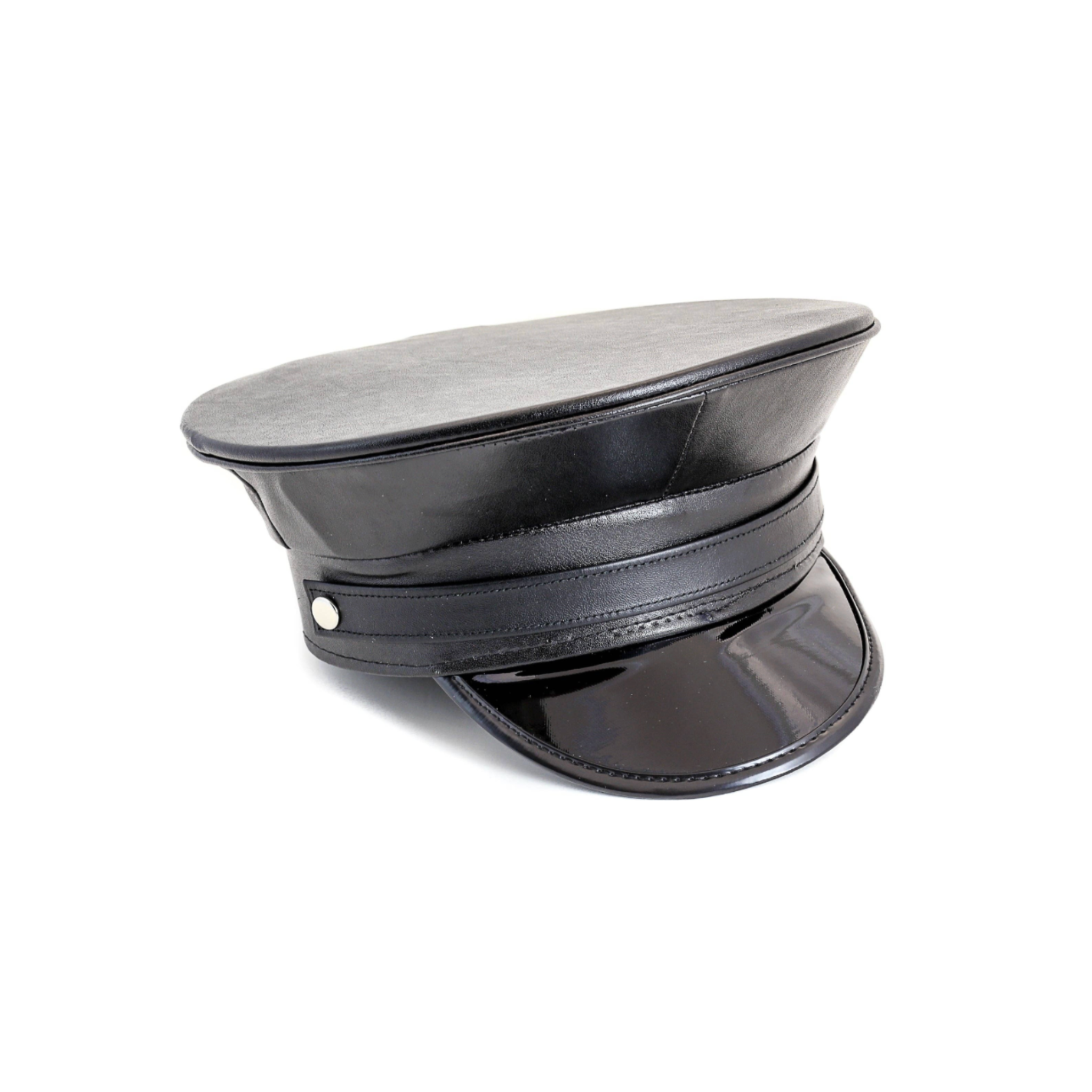 police hat matte vegan leather captain hat black strap fetish costume accessory unisex edgy roleplay clubwear