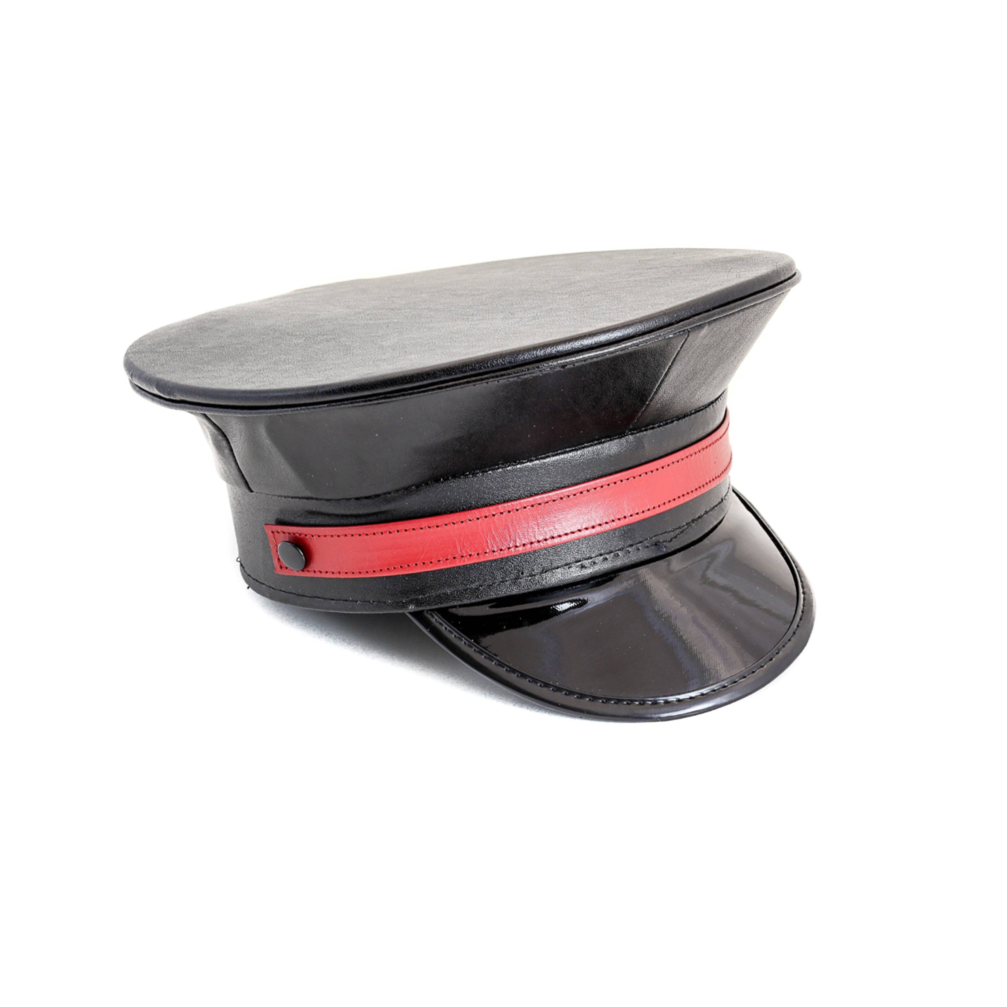 police hat matte vegan leather captain hat black strap fetish costume accessory unisex edgy roleplay clubwear