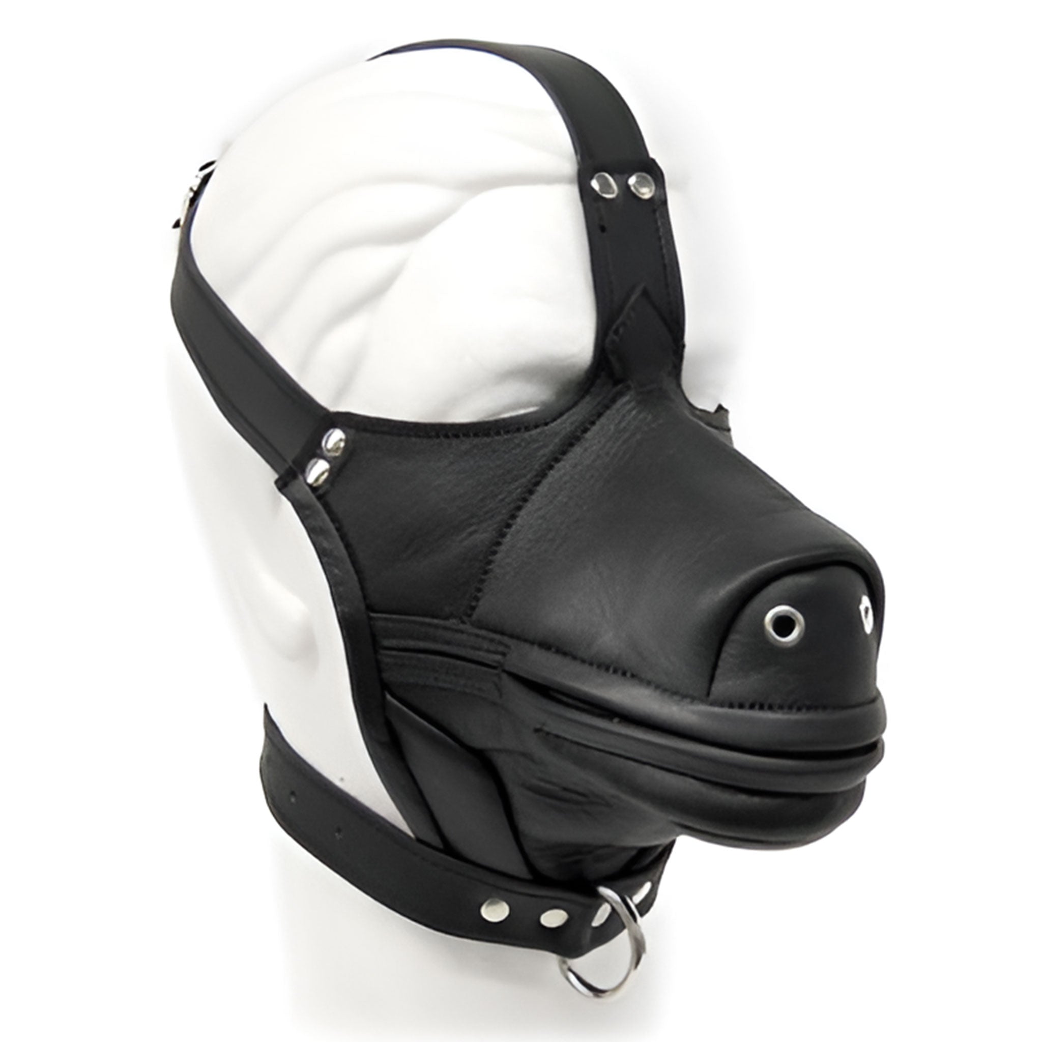 Leather genuine-leather accessories headgear muzzle head-harness pony-mouth horse-mouth grommeted-nostrils collar d-ring zipper front-zip mouth-zip adjustable buckle fetish fashion alt-fashion alternative bedroom dungeon fetishwear bondage bdsm bdsm-gear bdsm-toys bdsm-fashion sub submissive kink kinky kinky-play pet play pony-play pony horse animal costume cosplay halloween unisex black