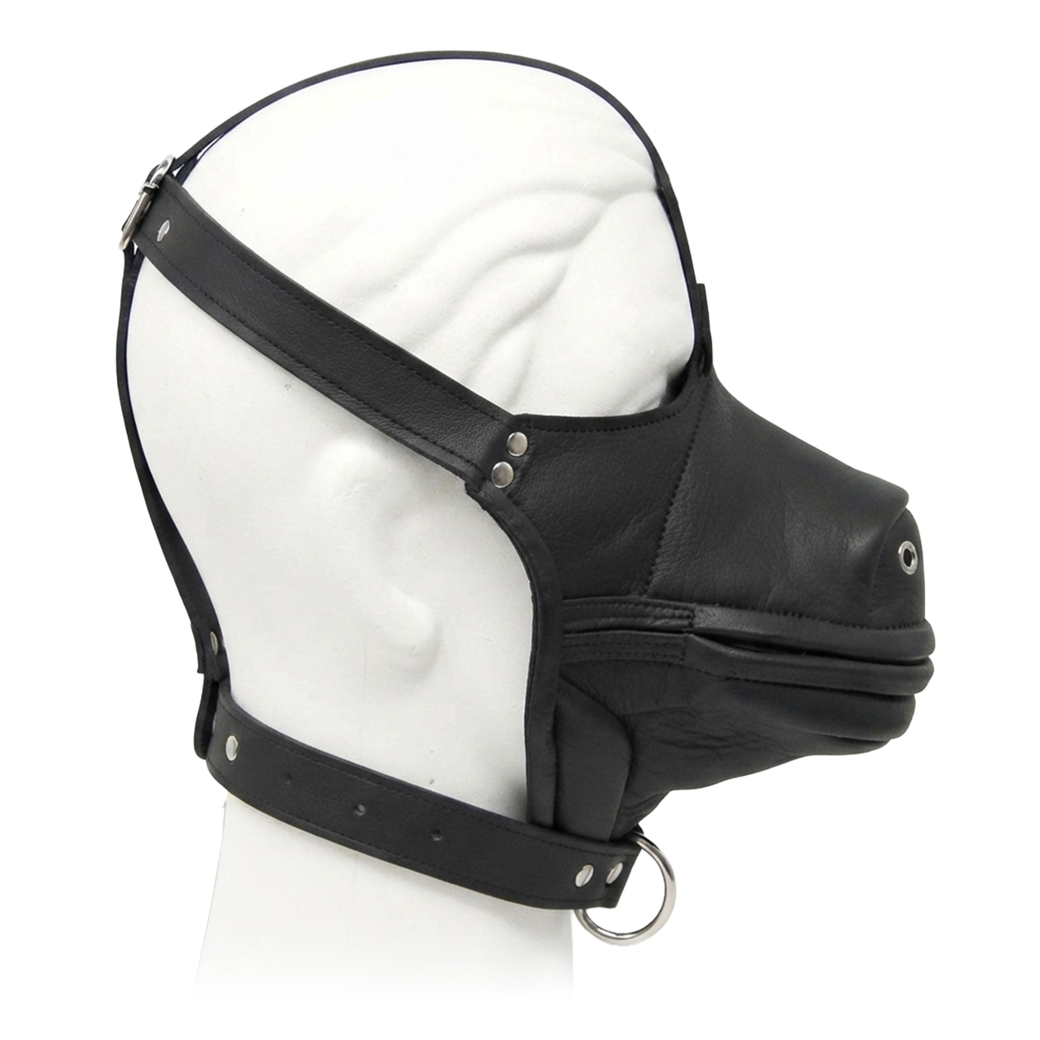 Leather genuine-leather accessories headgear muzzle head-harness pony-mouth horse-mouth grommeted-nostrils collar d-ring zipper front-zip mouth-zip adjustable buckle fetish fashion alt-fashion alternative bedroom dungeon fetishwear bondage bdsm bdsm-gear bdsm-toys bdsm-fashion sub submissive kink kinky kinky-play pet play pony-play pony horse animal costume cosplay halloween unisex black
