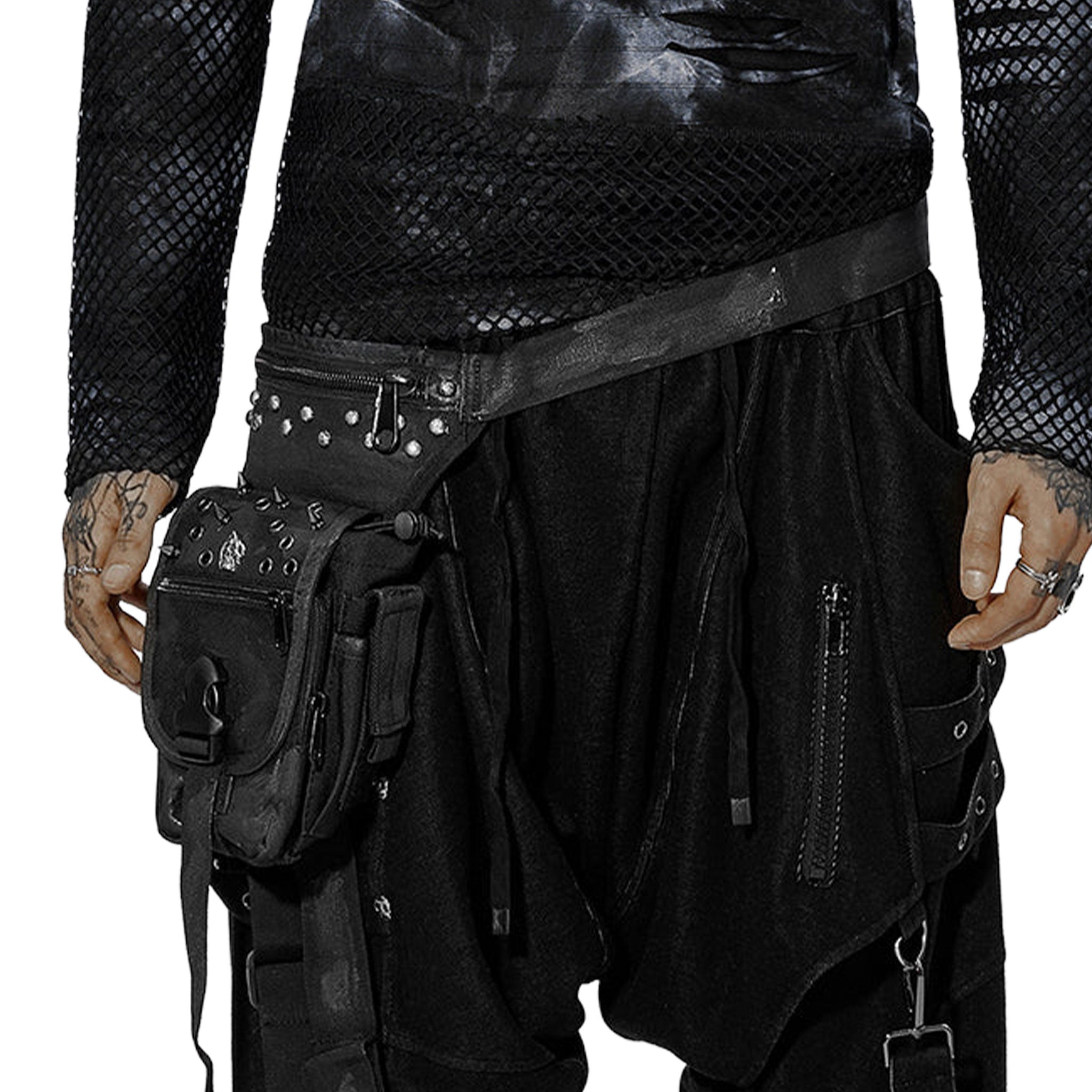 Nylon plastic Velcro accessories bags waist-bag leg-bag thigh-bag utility-bag adjustable rivets distressed multi-pocket zip front-zipper flap-zipper fetish fashion alt-fashion alternative punk rock goth gothic goth-doll postapocalyptic post-apocalyptic streetwear costume cosplay halloween holiday gifts unisex black afterdark