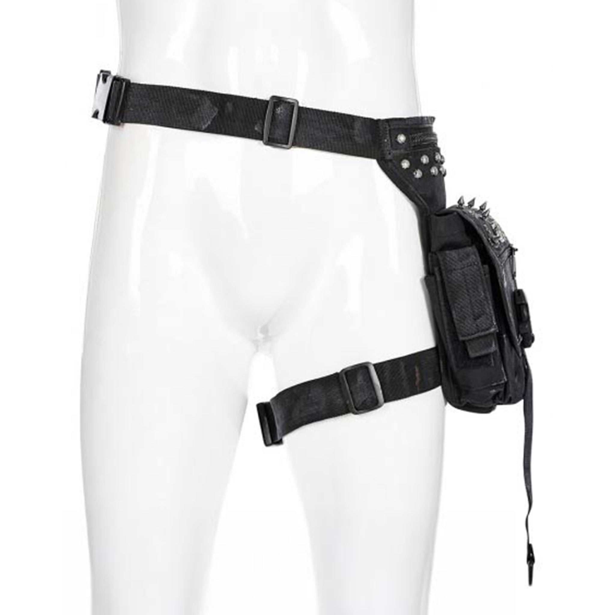 Nylon plastic Velcro accessories bags waist-bag leg-bag thigh-bag utility-bag adjustable rivets distressed multi-pocket zip front-zipper flap-zipper fetish fashion alt-fashion alternative punk rock goth gothic goth-doll postapocalyptic post-apocalyptic streetwear costume cosplay halloween holiday gifts unisex black afterdark