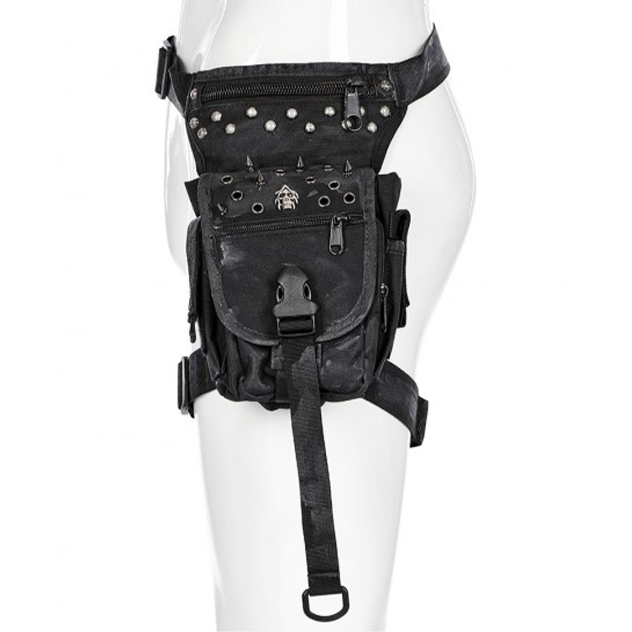 Nylon plastic Velcro accessories bags waist-bag leg-bag thigh-bag utility-bag adjustable rivets distressed multi-pocket zip front-zipper flap-zipper fetish fashion alt-fashion alternative punk rock goth gothic goth-doll postapocalyptic post-apocalyptic streetwear costume cosplay halloween holiday gifts unisex black afterdark