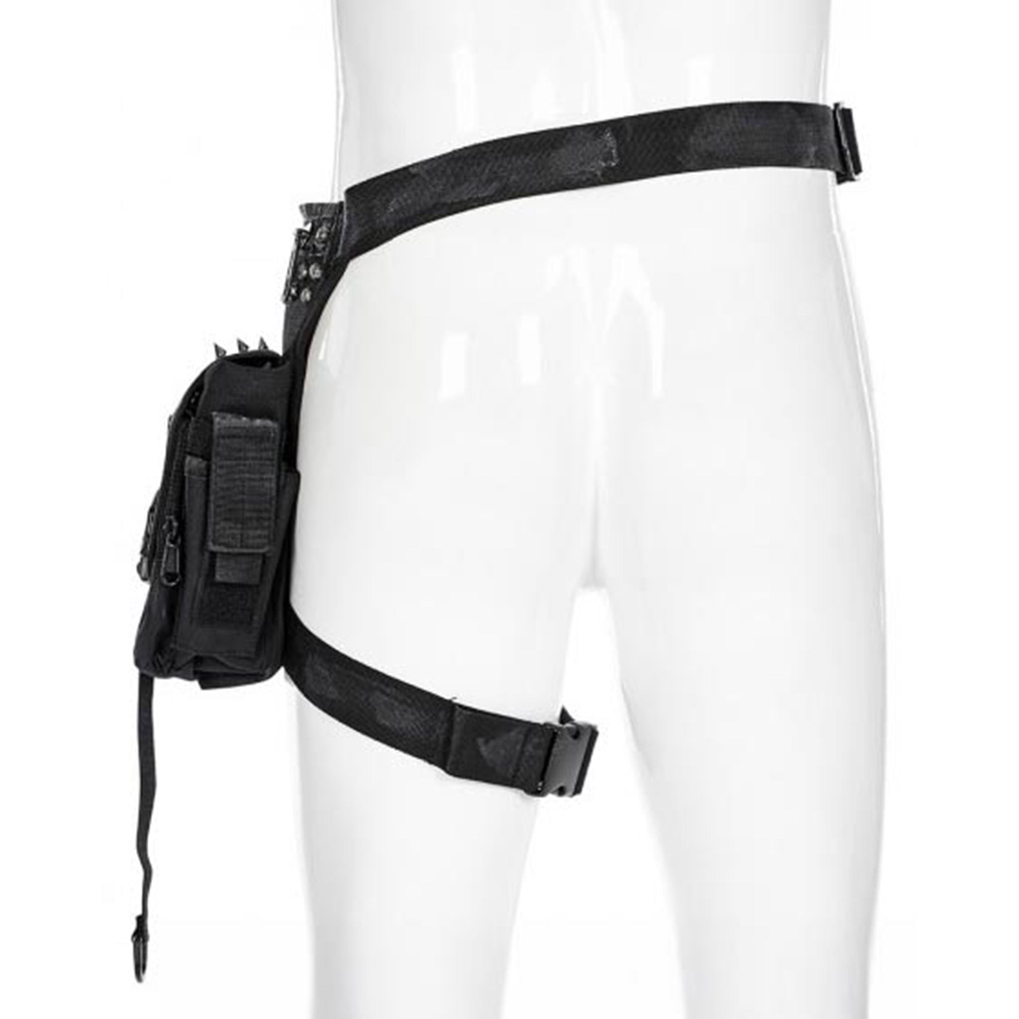Nylon plastic Velcro accessories bags waist-bag leg-bag thigh-bag utility-bag adjustable rivets distressed multi-pocket zip front-zipper flap-zipper fetish fashion alt-fashion alternative punk rock goth gothic goth-doll postapocalyptic post-apocalyptic streetwear costume cosplay halloween holiday gifts unisex black afterdark