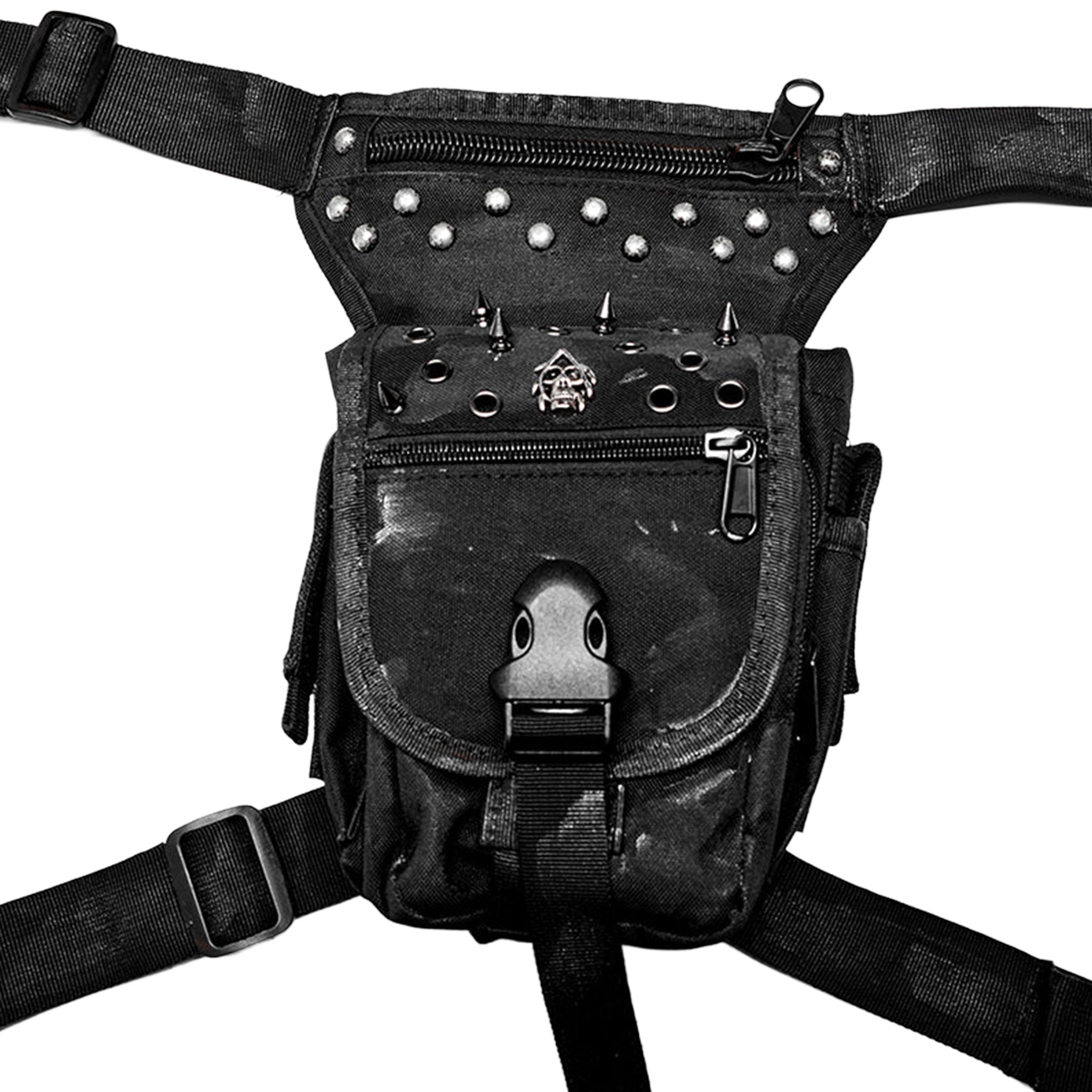 Nylon plastic Velcro accessories bags waist-bag leg-bag thigh-bag utility-bag adjustable rivets distressed multi-pocket zip front-zipper flap-zipper fetish fashion alt-fashion alternative punk rock goth gothic goth-doll postapocalyptic post-apocalyptic streetwear costume cosplay halloween holiday gifts unisex black afterdark