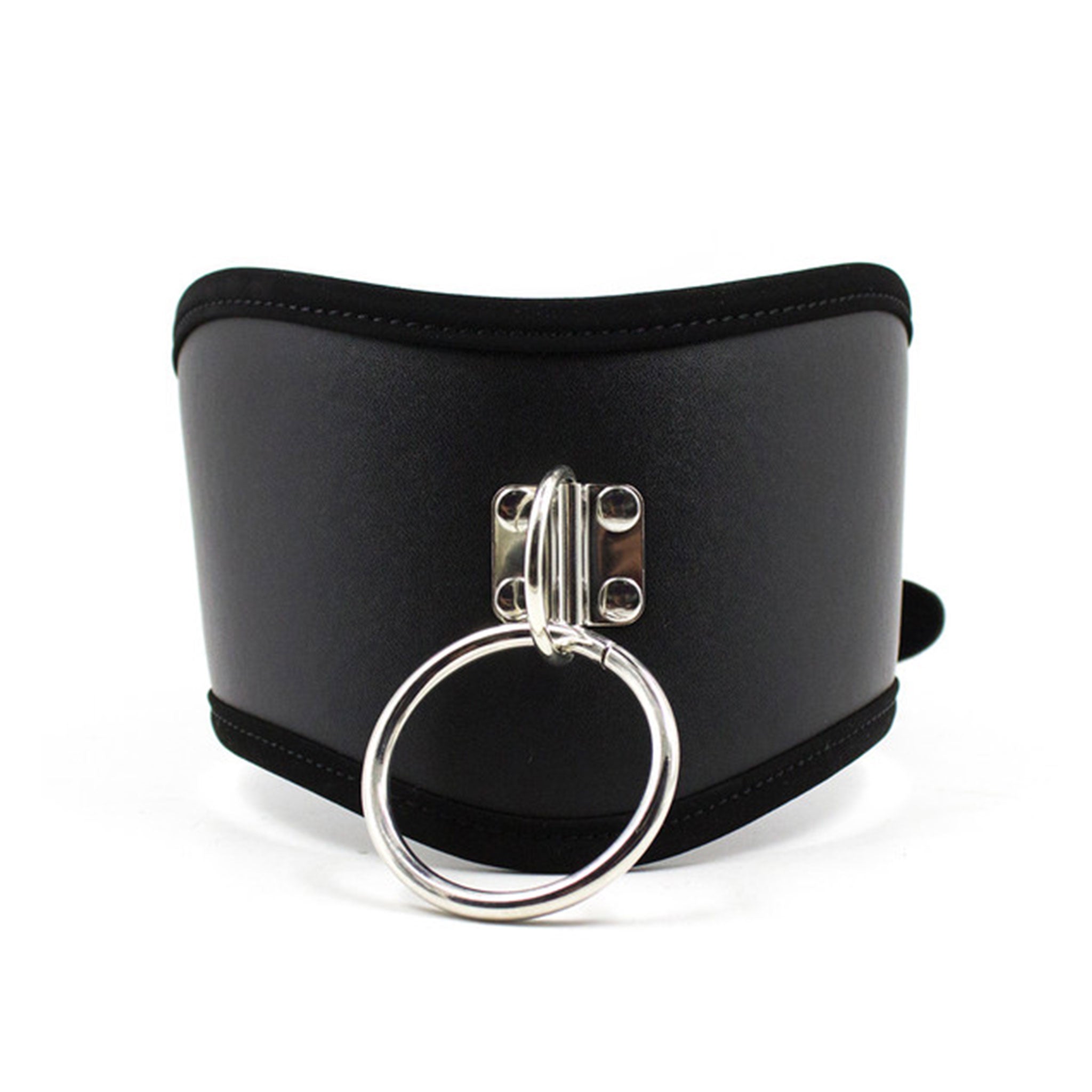 PVC vinyl leather faux-leather vegan-leather metallic-chain restraints collar choker posture-collar D-ring O-ring hinge-plate chain-leash leash lead handle-loop adjustable resizable buckle sturdy edgy fetish fashion alt-fashion bdsm bondage discipline naughty manners well-mannered well-behaved behavior pets pet pet-play animal-play adult-toys black