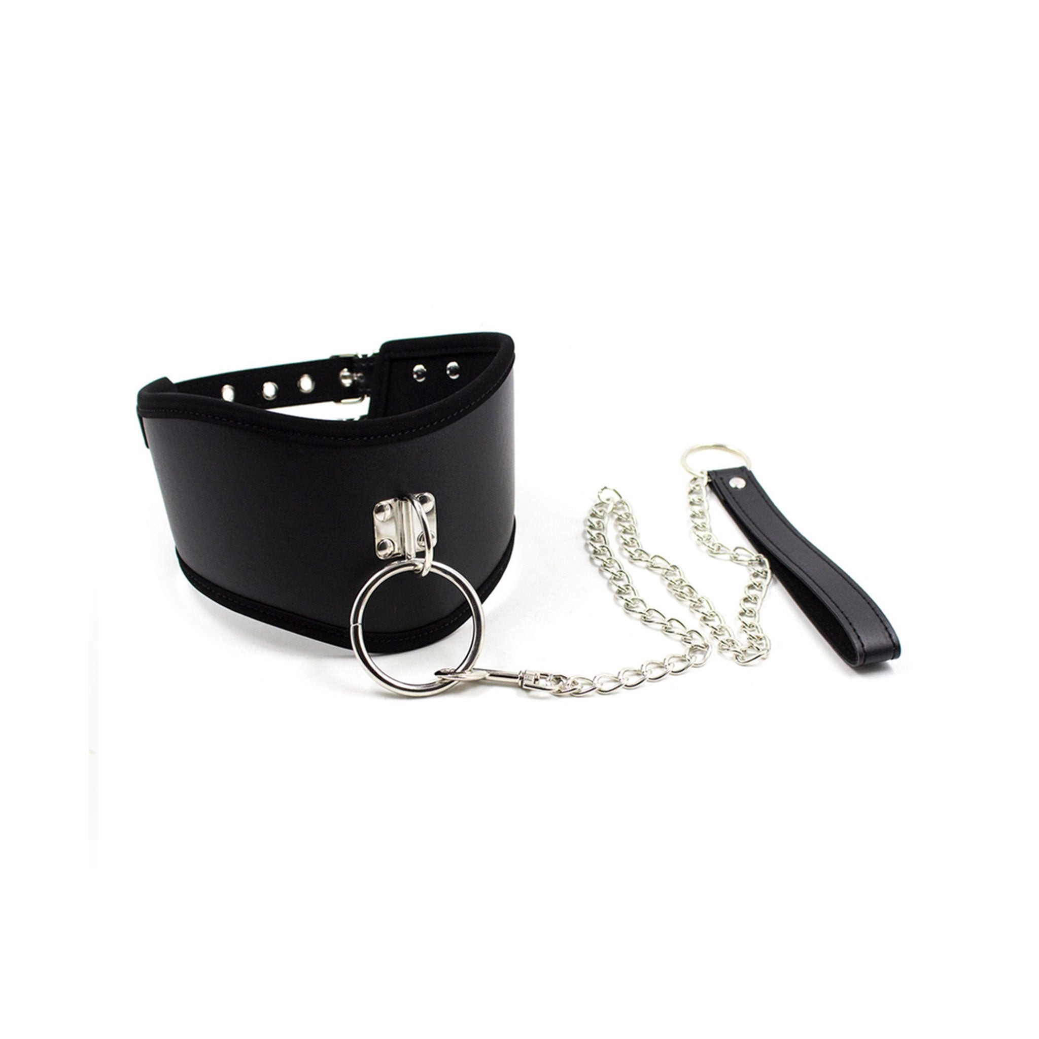 PVC vinyl leather faux-leather vegan-leather metallic-chain restraints collar choker posture-collar D-ring O-ring hinge-plate chain-leash leash lead handle-loop adjustable resizable buckle sturdy edgy fetish fashion alt-fashion bdsm bondage discipline naughty manners well-mannered well-behaved behavior pets pet pet-play animal-play adult-toys black
