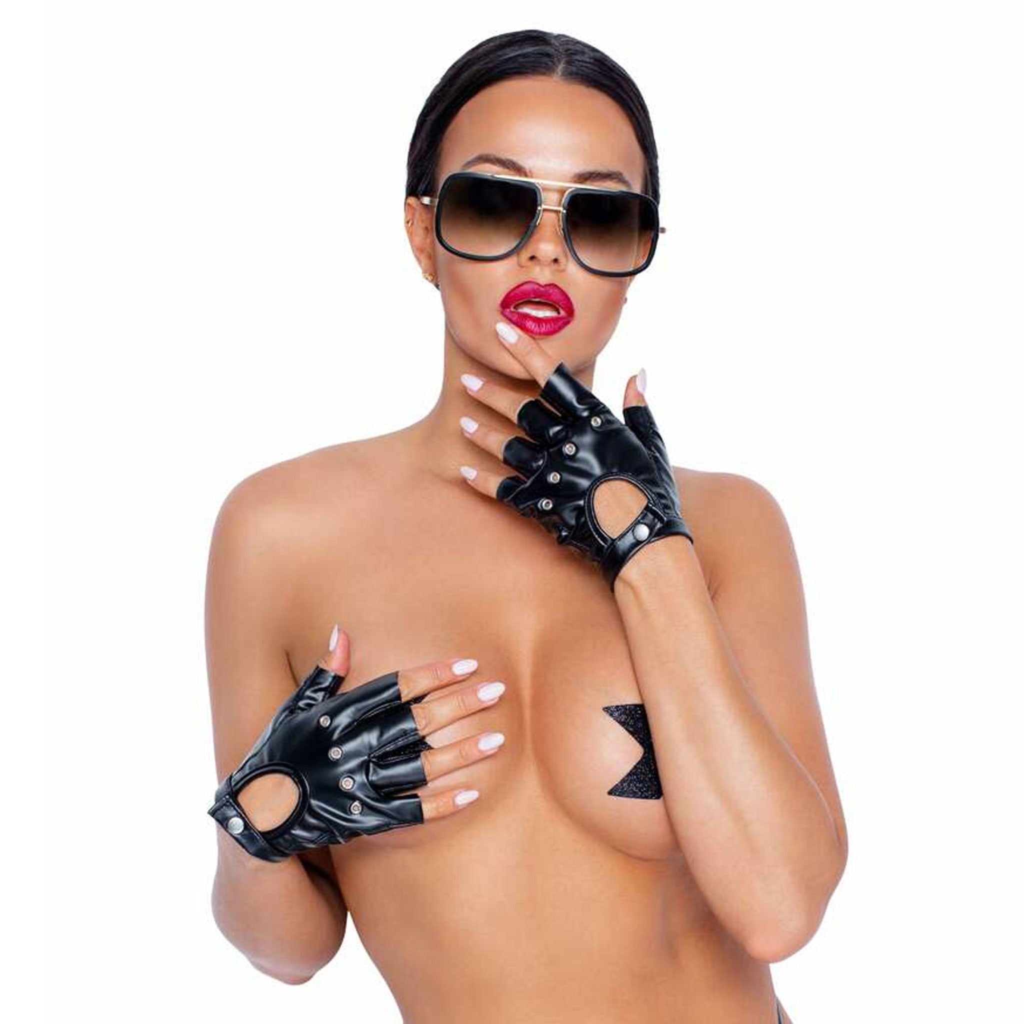 Wetlook power-wetlook gloves fingerless snap-button press-button open-back ventilated grommets knuckles extravagant comfortable comfort soft stretchy snug accessories black