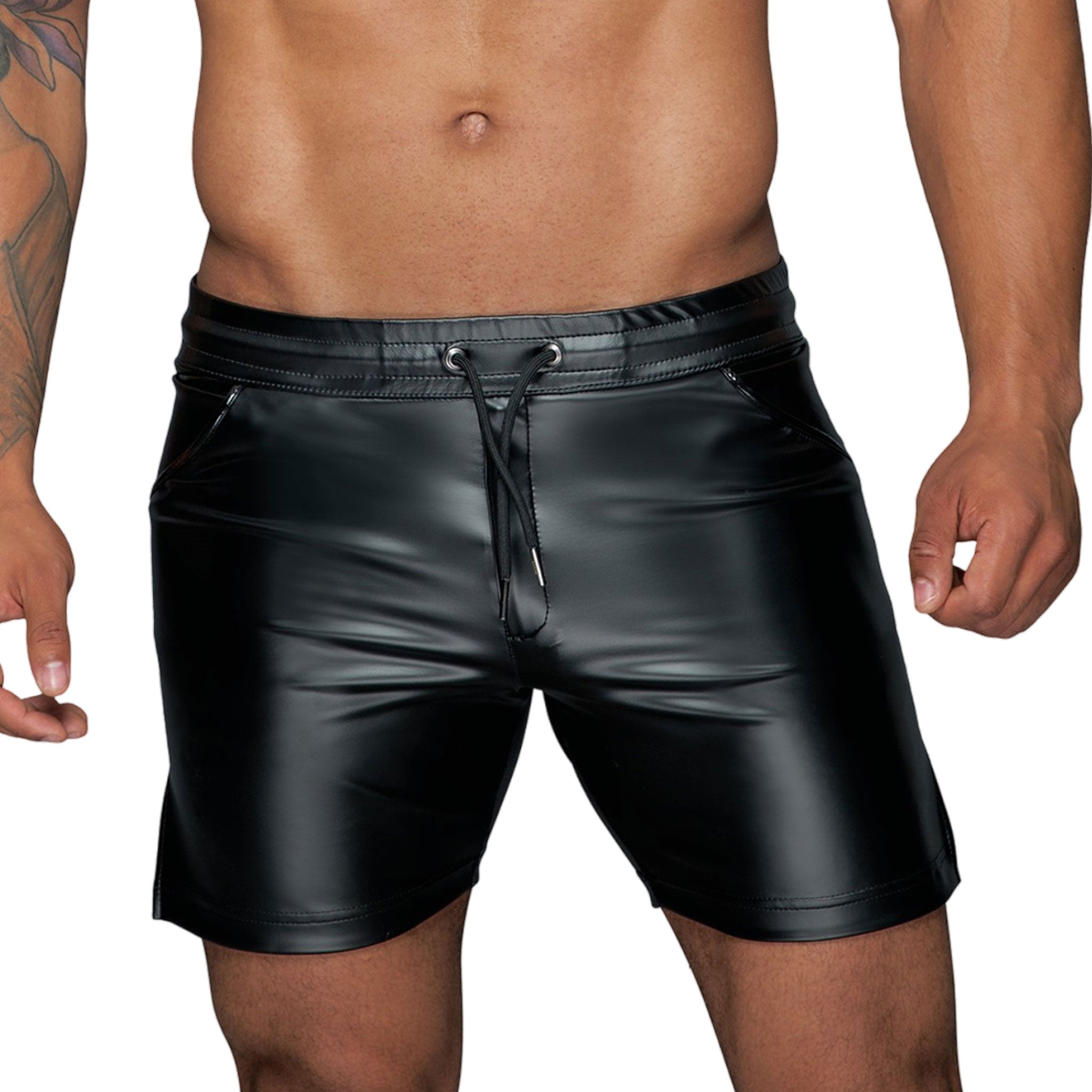 Wetlook power-wetlook polyamide elastane nylon-cording apparel bottoms shorts underwear lingerie leg-vent pockets back-pocket patch-pocket midrise-waistband functional drawstring elastic-waistband roomy flare comfortable blue-collar stretchy shiny matte-finish fetish fashion alt-fashion alternative punk cyber goth rave ravewear kink kinky kinkwear costume cosplay halloween noir-collection male masculine masc mens guys dudes unisex black